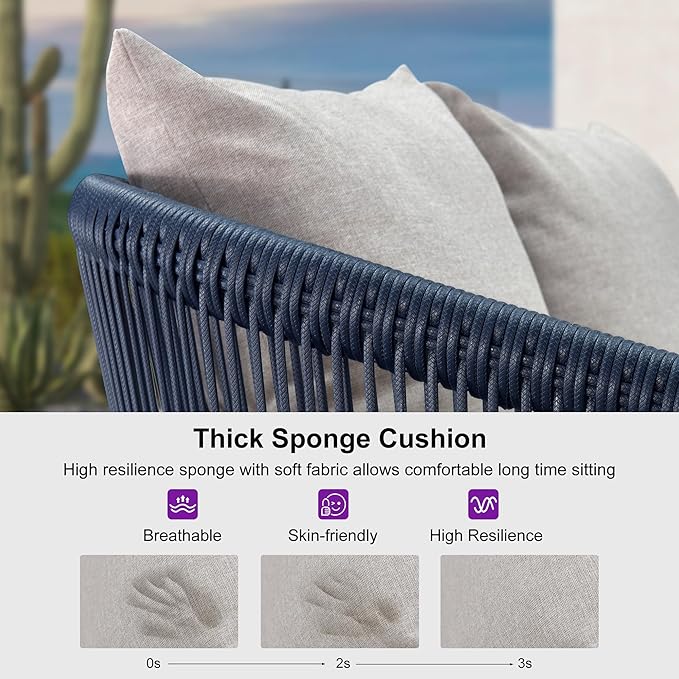 PURPLE LEAF 4 Pieces Patio Conversation Set Outdoor Wicker Furniture with Aluminum Table and Rattan Chairs Sofa Cushions Included for Porch Backyard Garden Balcony Gray
