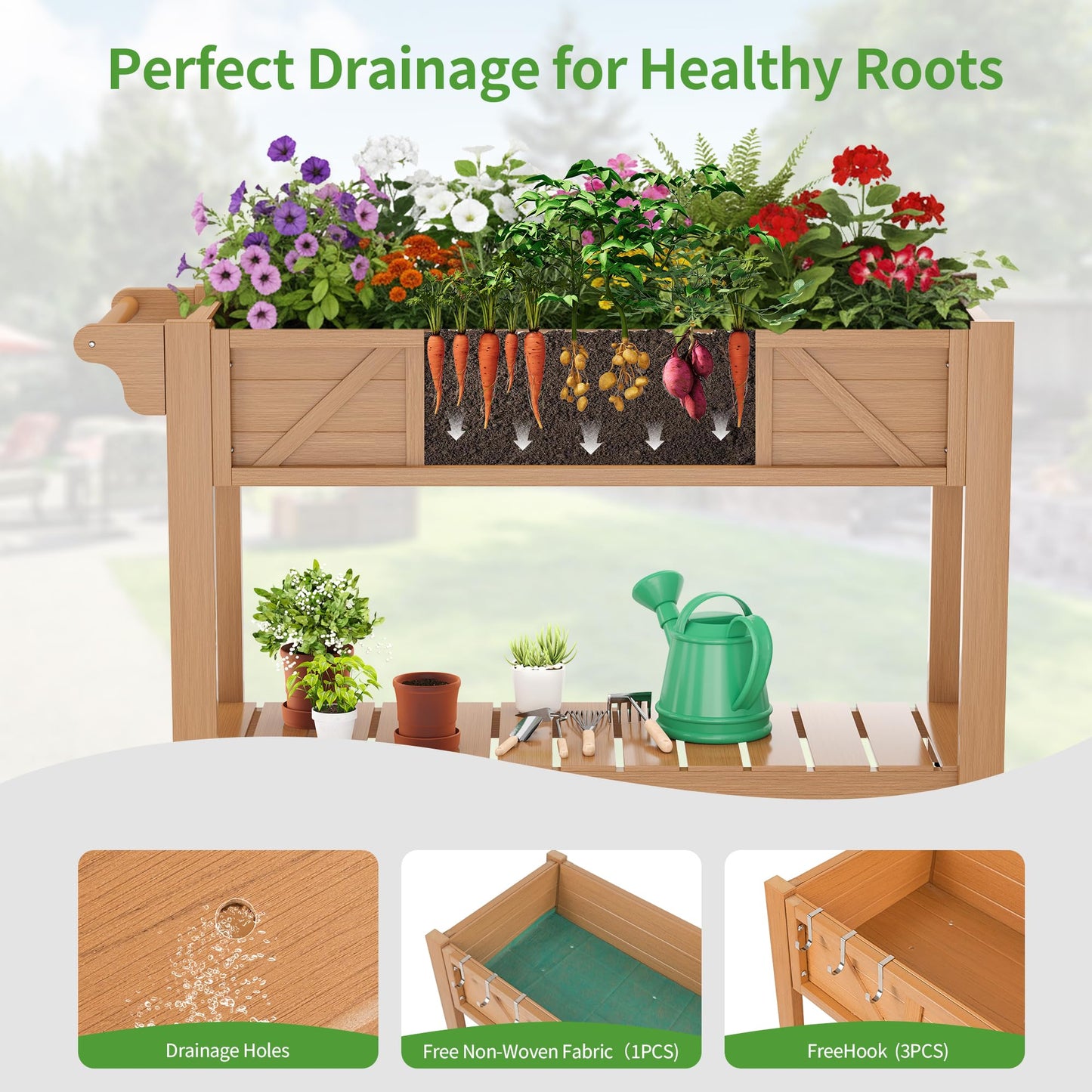 HIPS All-Weather Raised Garden Bed with Legs,47.2"L x 17.3"W x 29.7"H Large Elevated Planter Box with Wheels & Handle,Raised Bed Planters with 3 Hooks & Non-Woven Liner for Vegetables Flower Herb