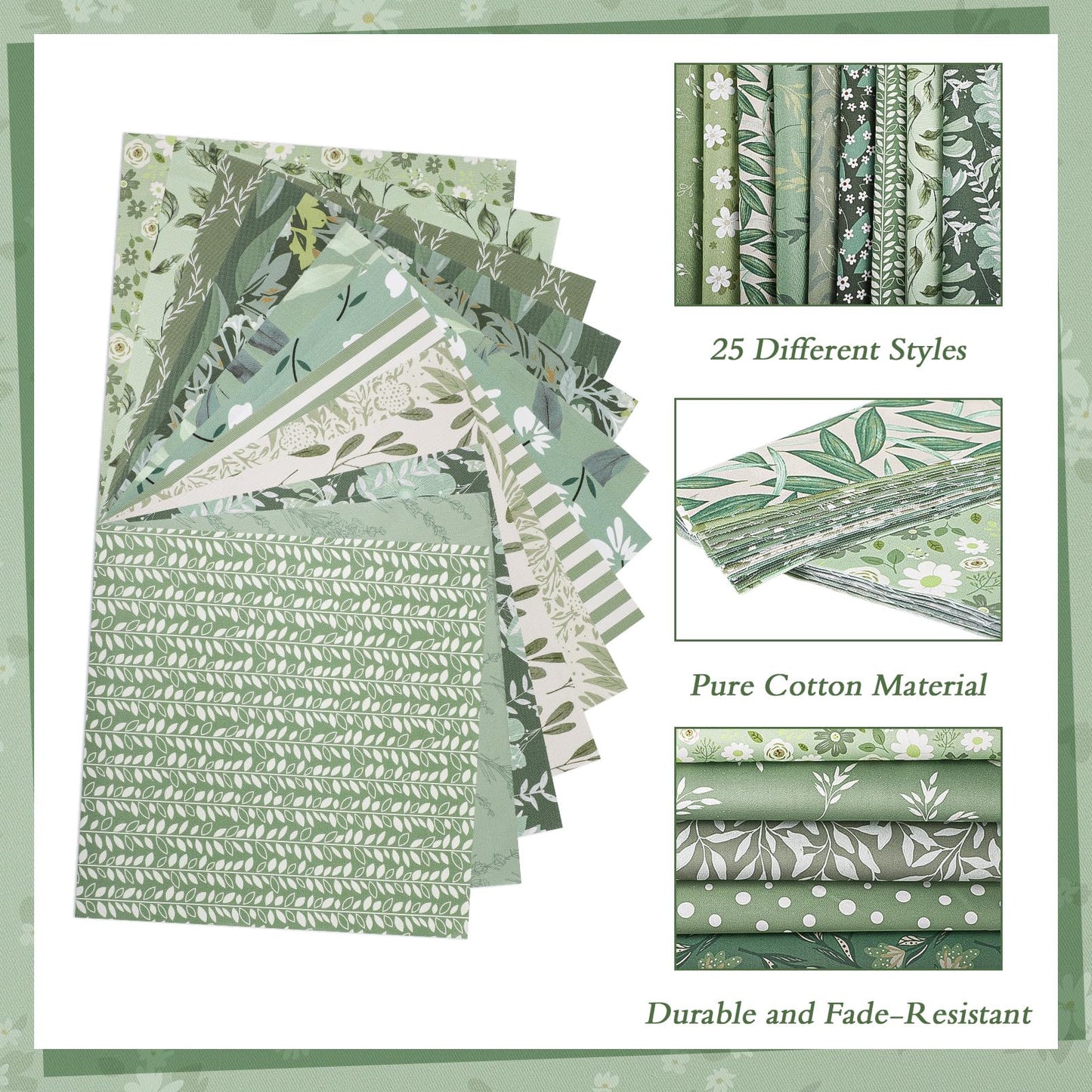25 Pcs Sage Green Quilting Fabric Scraps, 10''x10'' Green Cotton Fabric Squares Vintage Precut Quilt Kits Include Floral Pattern Spring Leaf Print for DIY Craft Supplies