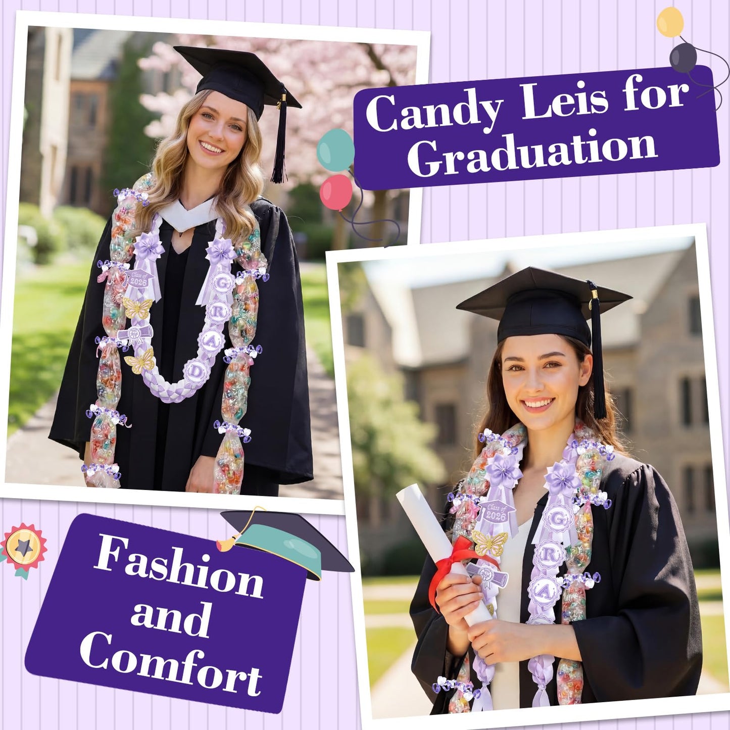 Spakon 19 Pcs Graduation Leis 2026 Graduation Candy Lei Kit Class of 2026 Ribbon Double Lei Necklace Party Accessories(Purple)