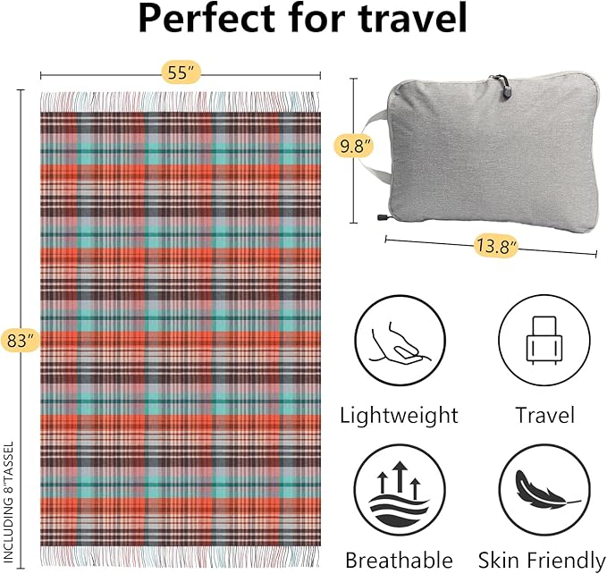 Throw Blanket Plaid with Carry Bag | Soft Wool Travel Blanket 55"x83" 1.5lbs | Fine Red and Blue Stripes Decorative Throw for Couch, Camping & Gift