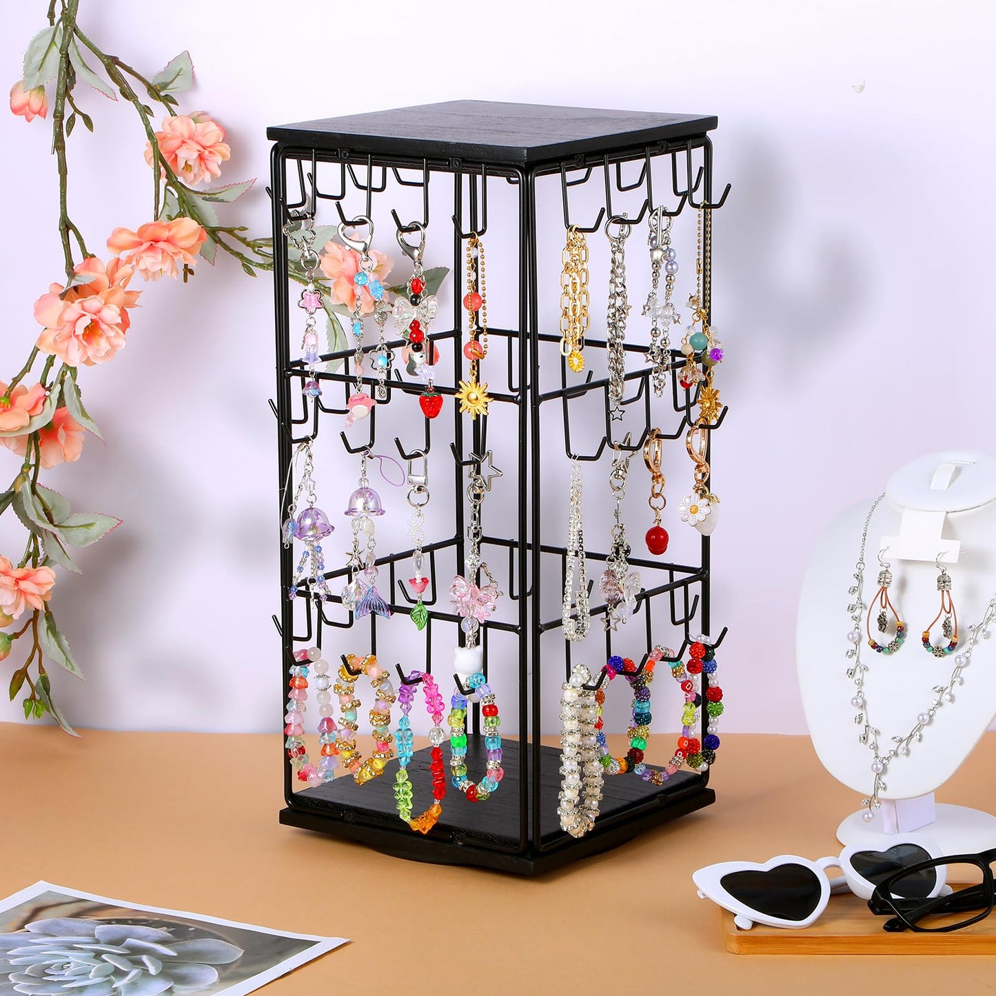 360 Rotating Earring Display Holder Stand for Vendors Events Selling, Large Capacity 48 Hooks Jewelry Display Rack with Wooden Base for Earring Card Sales, Necklaces, Enhances Retail Visibility