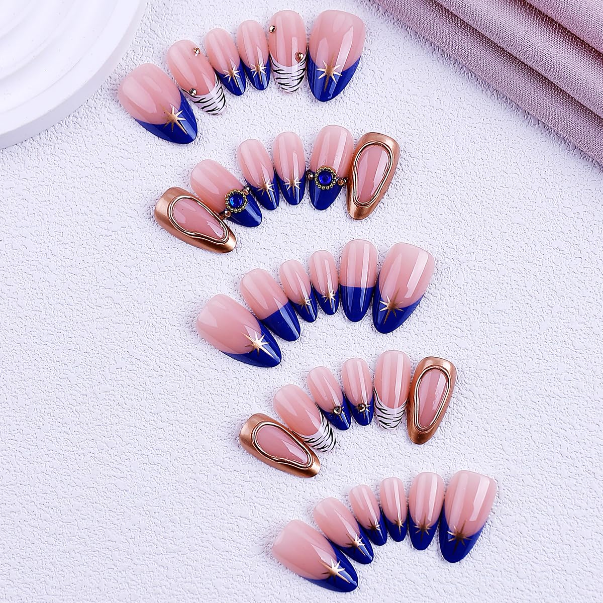 Medium Almond Press on Nails Blue French Tip Fake Nails with Gold Star Design Nude Pink Nails press ons Acrylic Glossy Stick on Nails for Women, Luxury Boho Style 30Pcs