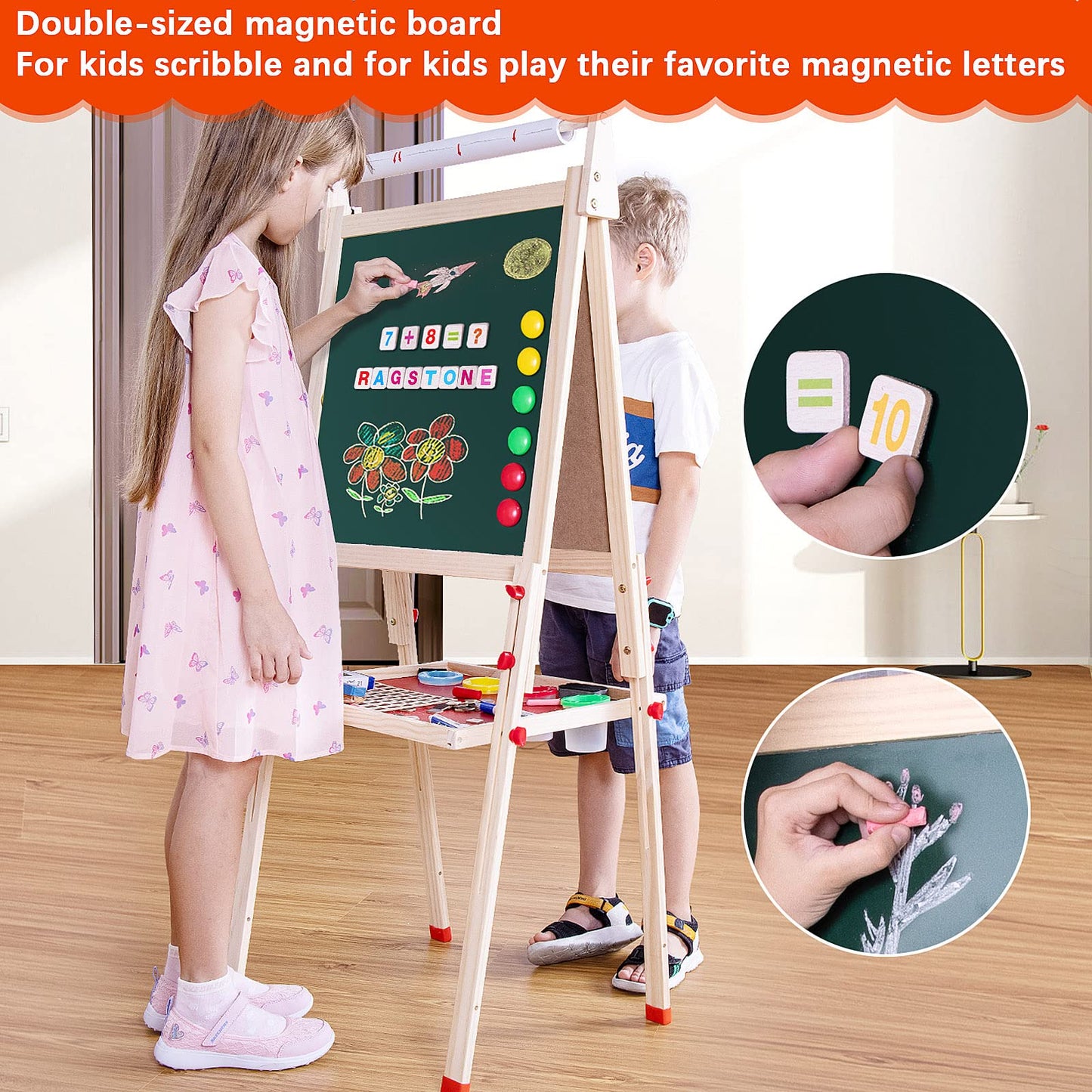 Ragstone Kids Easel Child Easel with Paper roll Double Sized Blackboard Chalkboard