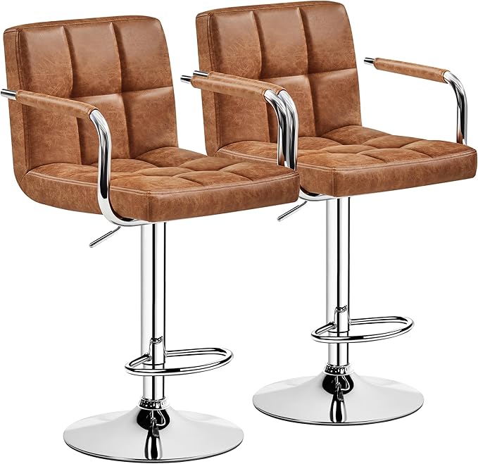 Yaheetech Bar Stools Set of 2, PU Leather Adjustable Swivel Barstools, Hydraulic Kitchen Counter Height Bar Chairs with Armrest and Back for Kitchen, Dining Room, Retro Brown