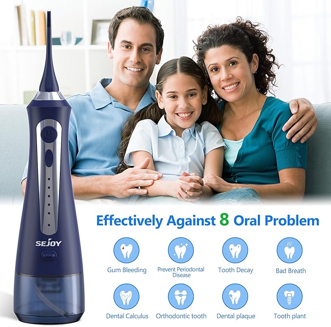 Sejoy Water Flossers for Teeth Cleaning, Water Flosser for Teeth Rechargeable Cordless, Electric Portable, 5 Cleaning Modes 8 Jet Tips, IPX7 Waterproof, 230ml, for Travel and Home