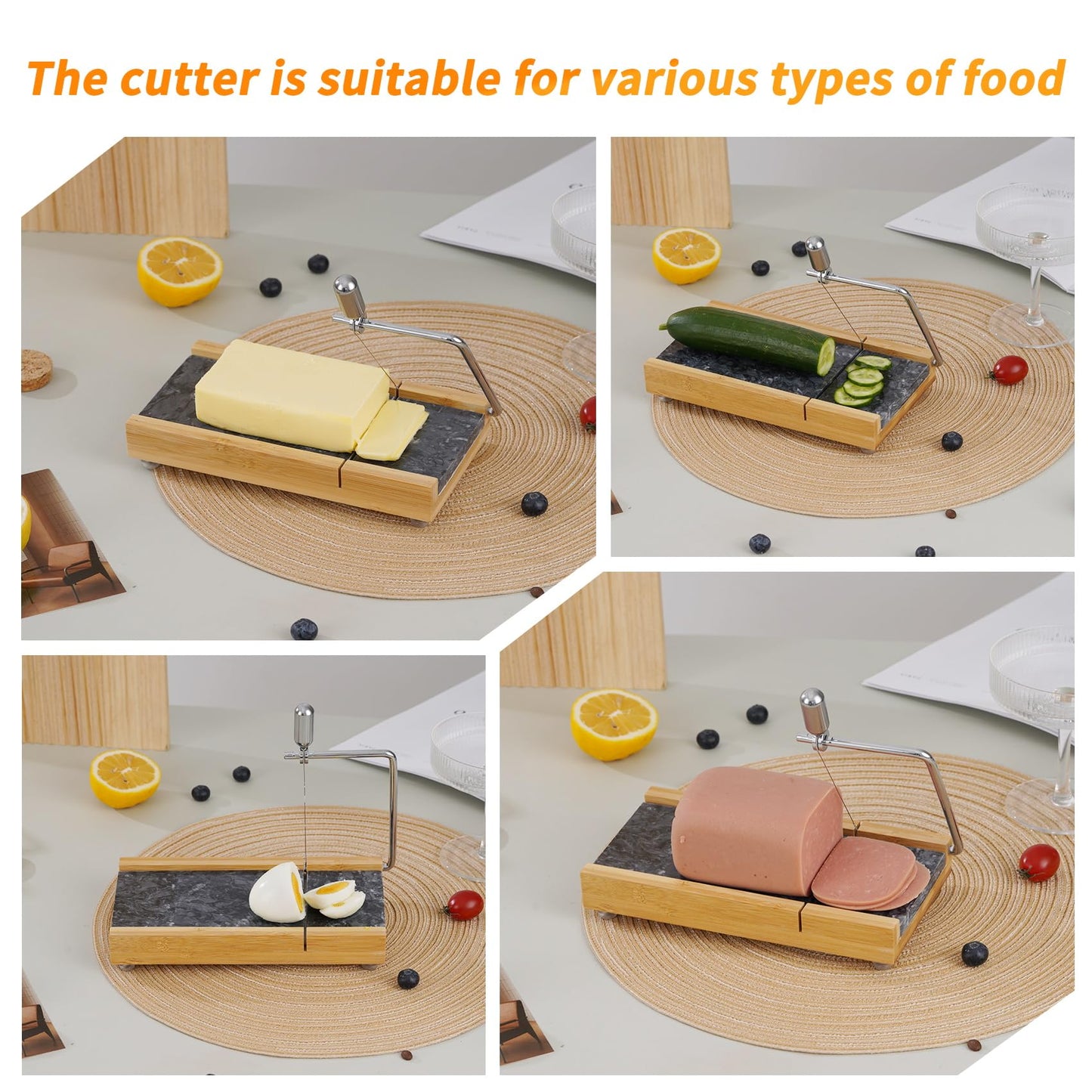 Tianman Cheese Slicer Cheese Cutter with 4 Replacement Cutting Wire,Heavy Duty 8.27"x 4.4",Marble Board Cheese Slicer for Block Cheeses, Butter,Cakes and More(Black Grey)