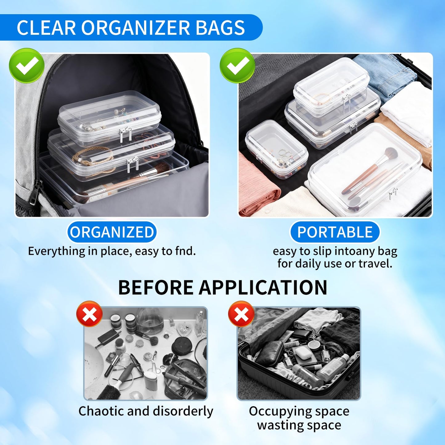 TQXOFDV Clear PET Plastic Storage Boxes with Double Zippers, 4 Sizes (S/M/L/XL) Waterproof Organizer Cases for Toys, Cosmetics, Snacks, Travel Essentials (White)