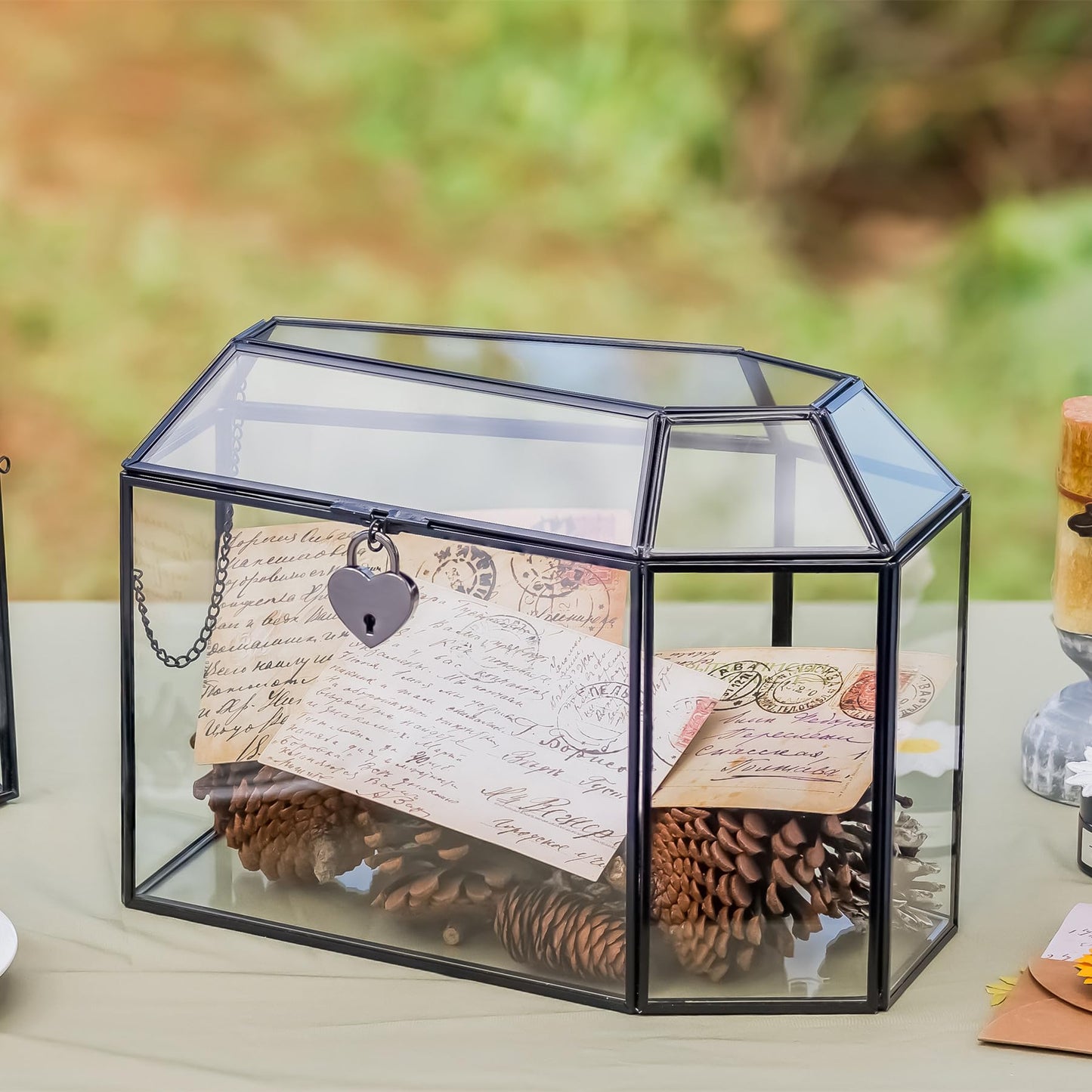 NCYP Gothic Glass Box with Swing Lid and Lock, Geometric Keepsake Card Display Organizer for Wedding Party - Halloween Decoration, Black Coffin-Shaped, 10.4" x 5.7" x 7.5" (Glass Box Only)