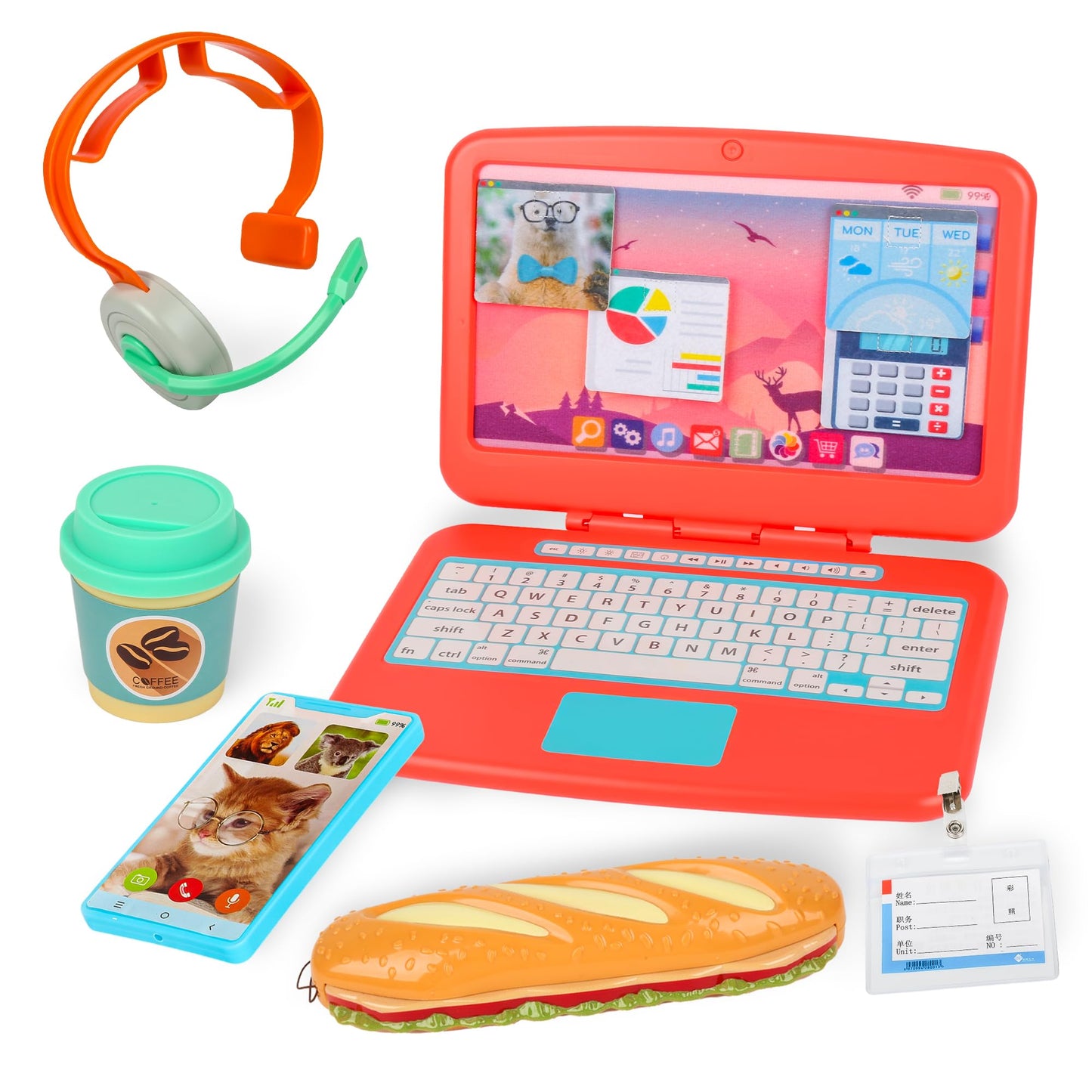 Pretend Play Home Office Set for Kids Ages 3-7, Includes Toy Kids Laptop,Cell Phone,Hamburg Harmonica,Headset & Toddlers Beverage Cup-Pretend Work Simulation Play