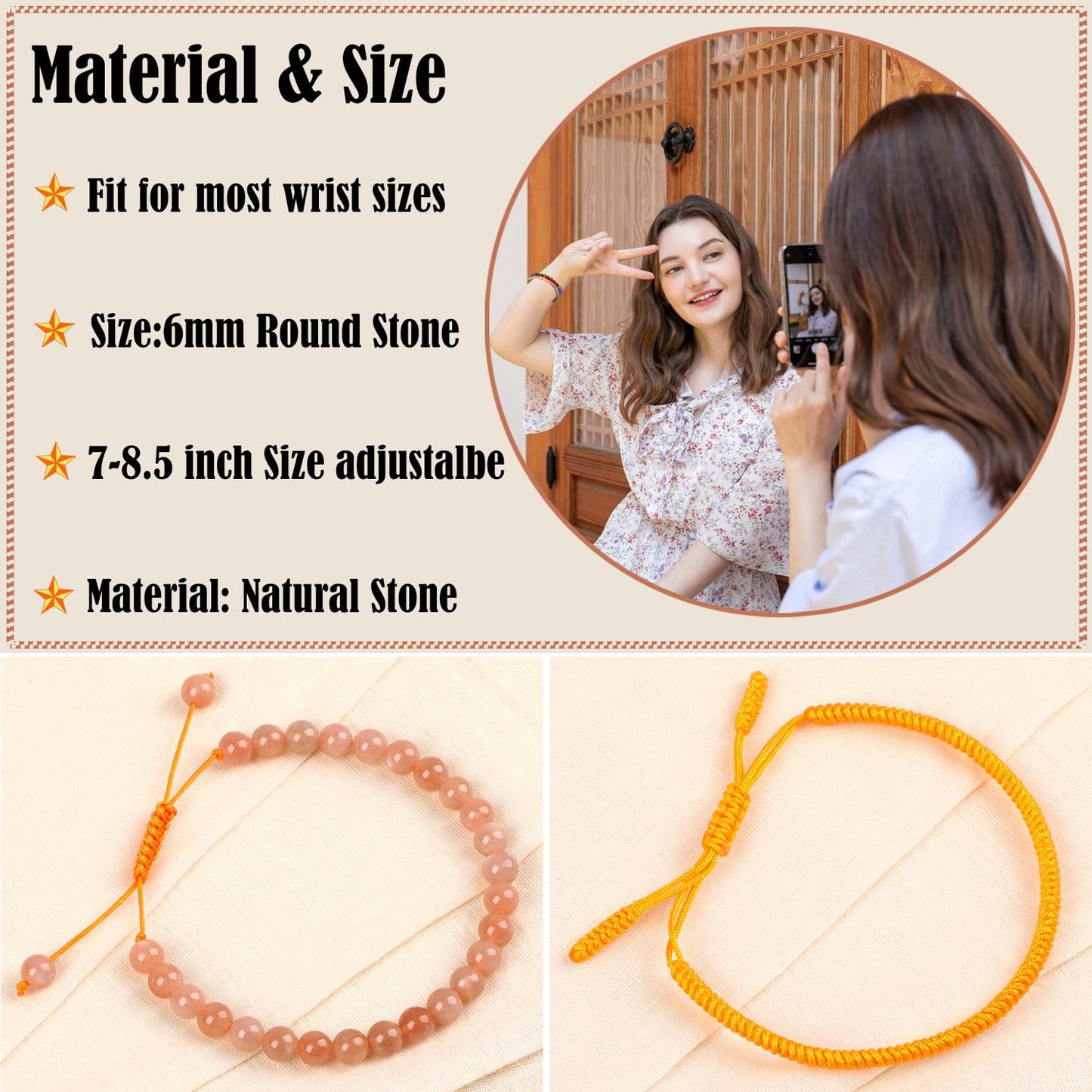 LPBeads 6mm SunStone Bracelet with Handmade Rope Bracelet Size Adjustable Natural Stone Crystal Healing Bracelets Gifts for Unisex Adults