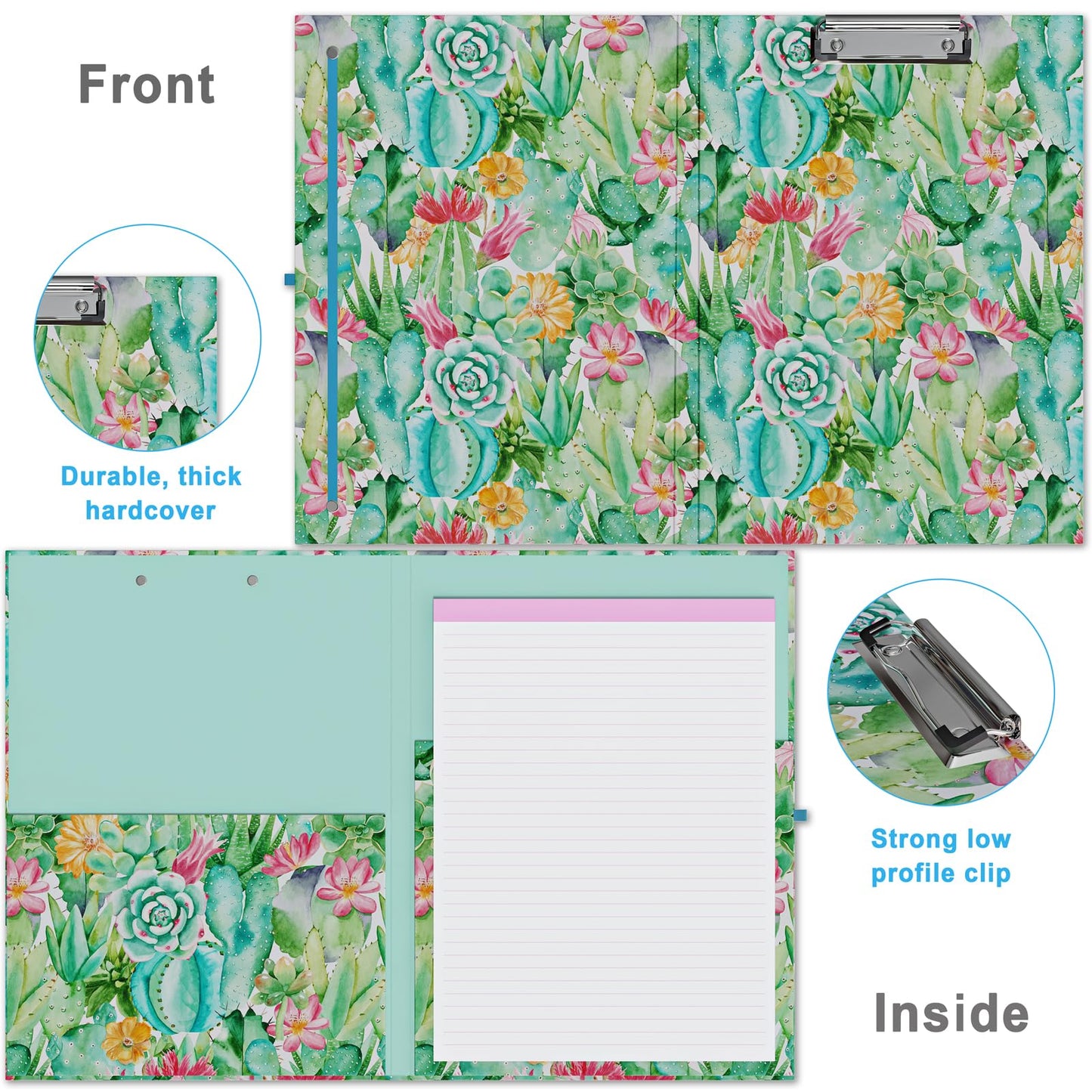 Cute Clipboard Folio with Refillable Lined Notepad and Interior Storage Pocket for Office Stylish A4 Foldable Clipfolio - Cactus Flowers