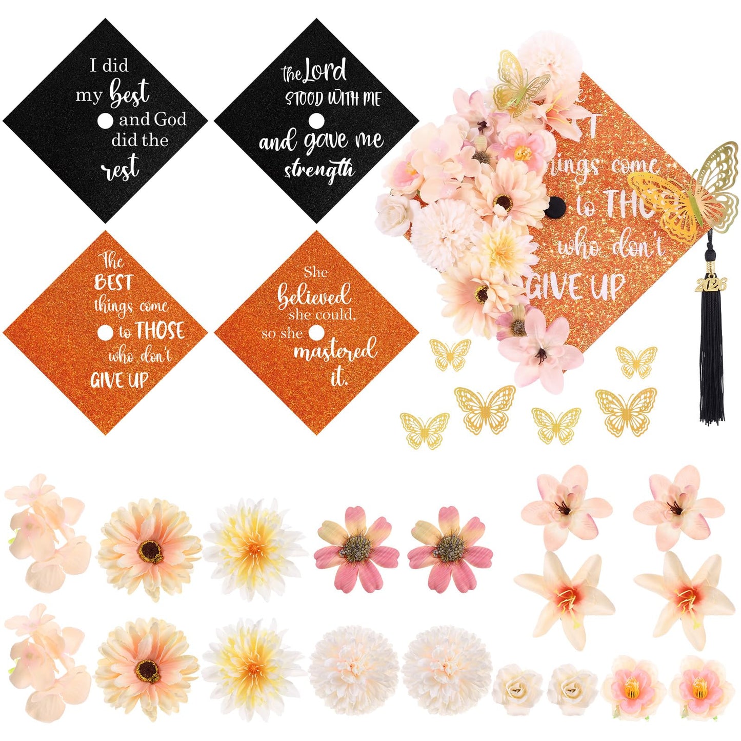 Dunzoom 34 Pcs DIY Graduation Cap Decorations Accessory Kit Artificial Flowers Inspirational Cardstock 3D Butterfly Stickers for DIY Hat Grad Cap Topper Graduation Party Supplies(Orange)