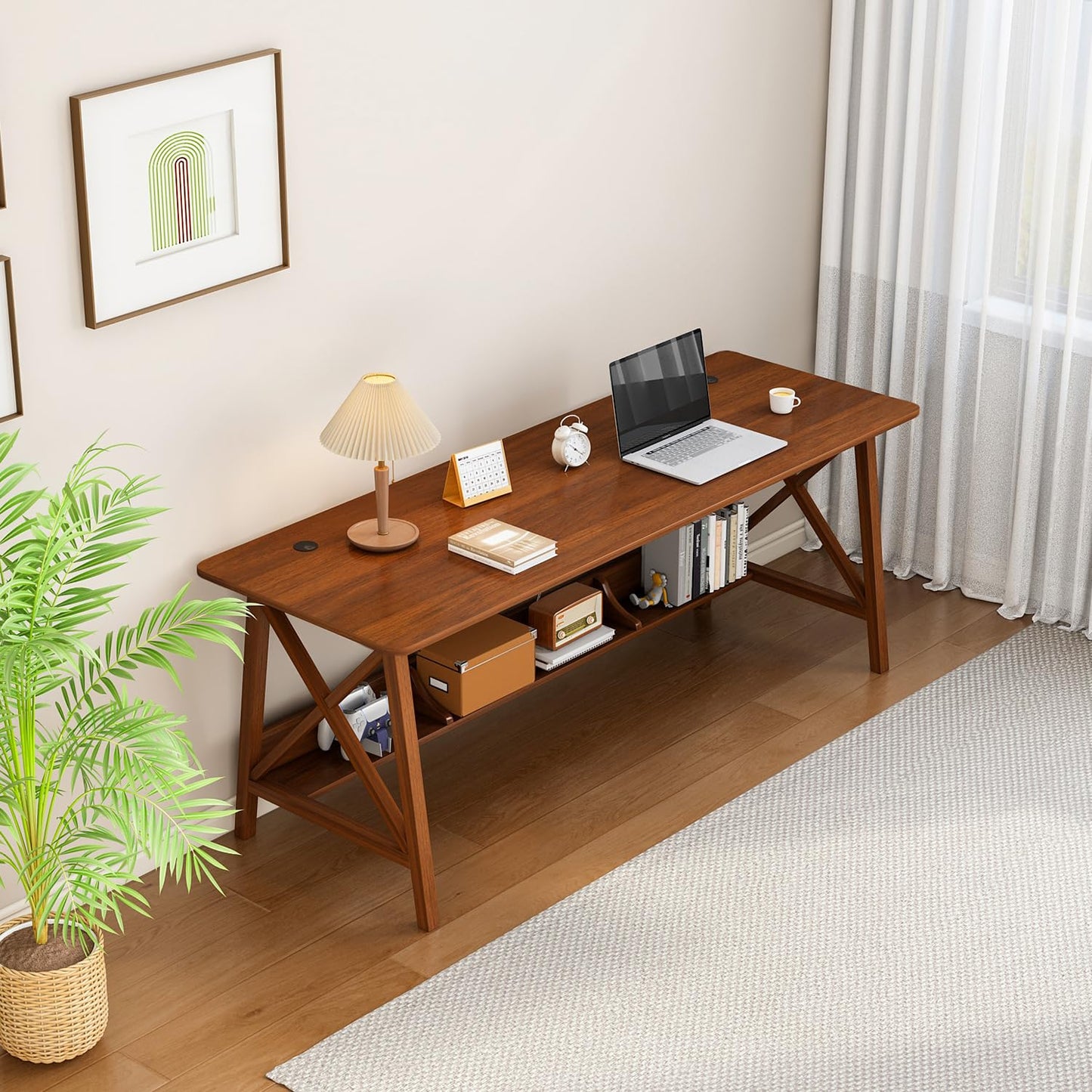 NELYE Extra Long Desk with Bookshelf - Wooden Home Office Work Study Table, Writing Computer Workstation with Storage Shelf in Wanut, 47" Wx16 Dx30 H