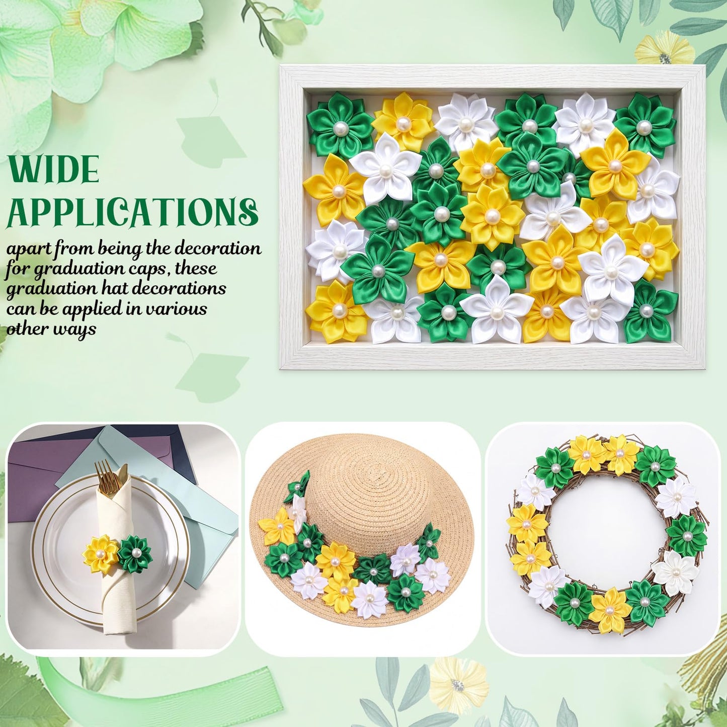 Dunzoom 36 Pcs DIY Graduation Cap Decorations Kit Graduation Ribbon Leis Decor Include Satin Fabric Flowers 3D Butterfly for Grad Hat Craft Party Supplies(Green)
