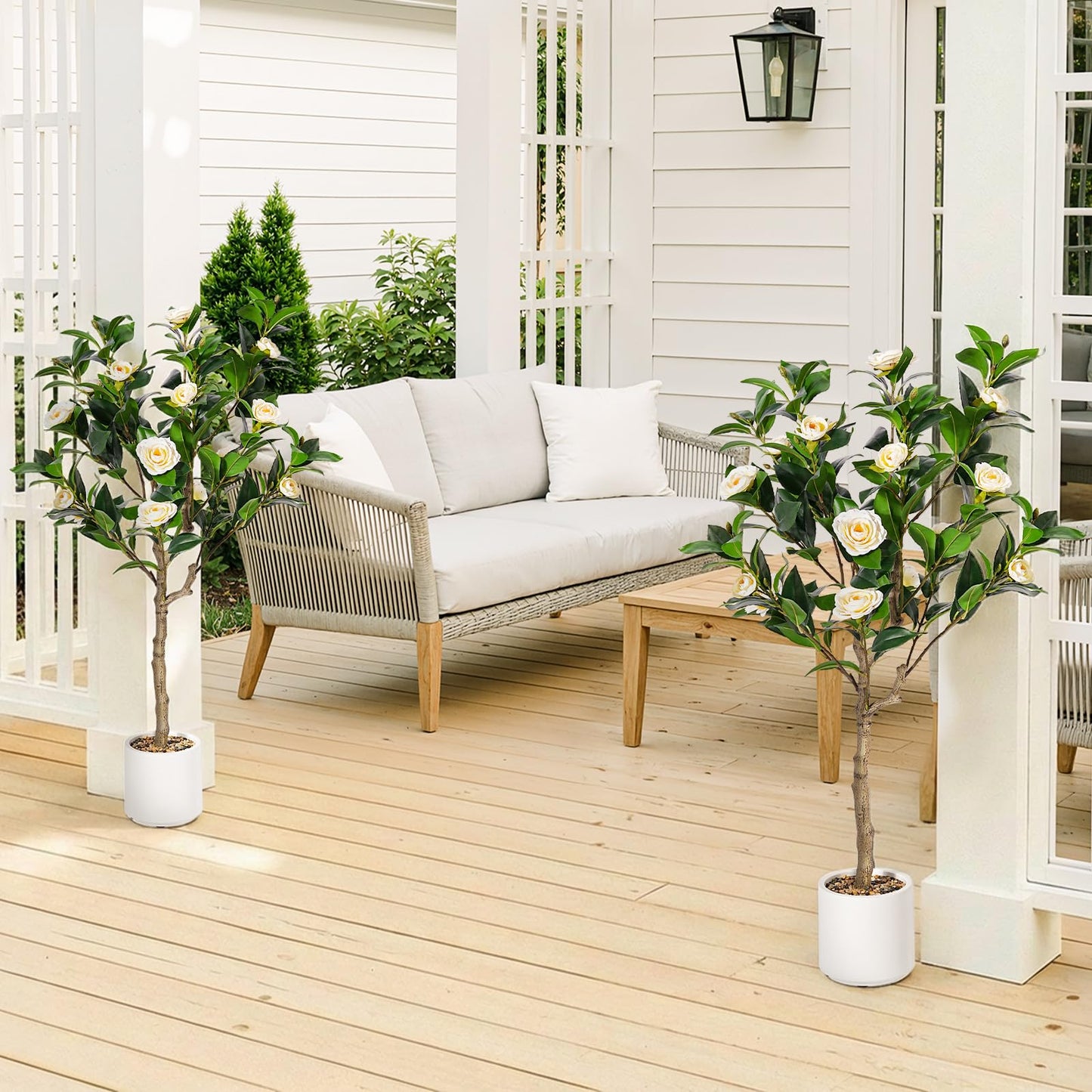 Jocoevol 4FT Artificial Camellia Tree 2 Pack, Fake Floral Plant with Realistic Trunk, Leaves, Flowers & Planter, Flower Artificial Tree, Artificial Flower for Front Porch Decor & Housewarming Gift