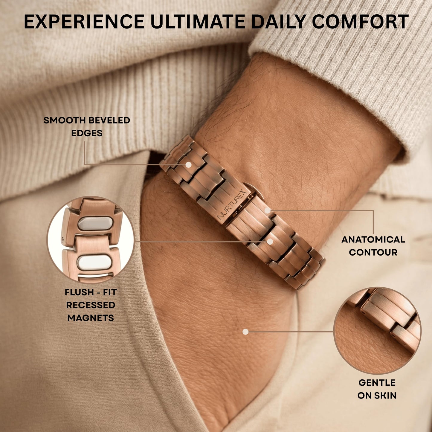 NurtureX Therapeutic Pure Copper Magnetic Bracelet for Men and Women, 5K Gauss Adjustable Magnet Therapy Bracelet with Fold Over Clasp, Includes Sizing Tool, Extra Link Pins, Cleaning Cloth, Best Gift for Men & Women - (BioFlow)