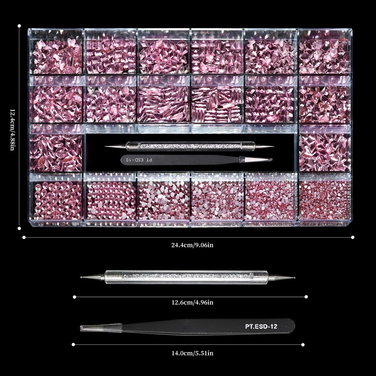 Yzzseven 14 Types of 700 Pink Diamonds + 1500 Flat Rhinestones Mix 20 Styles Flatback DIY Crafts Rhinestone Crystals 3D Ornament‌s Flat Back Stones Set + Tweezers + Drill Pen