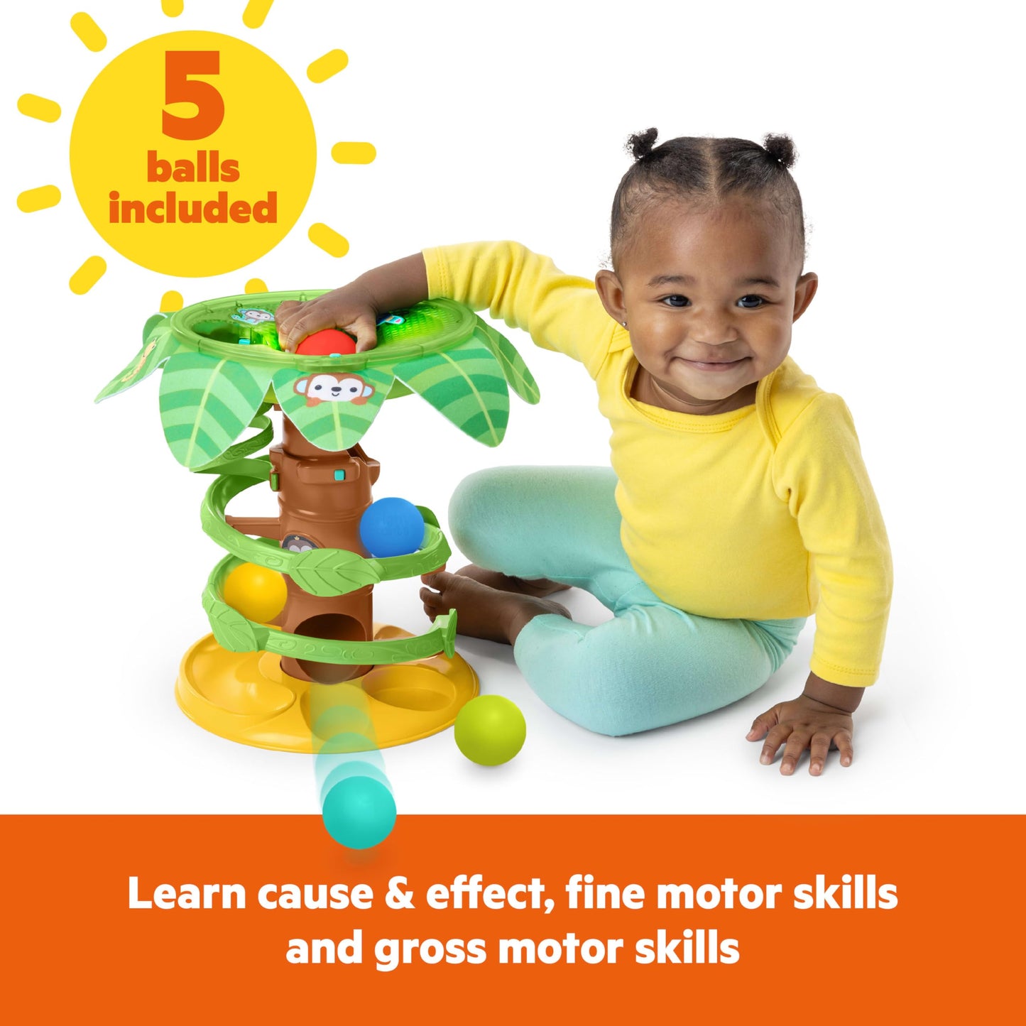 Bright Starts Tropical Twirl Ball Play Toy with Lights & Music, 5 Balls Included, Unisex, 6 Months+