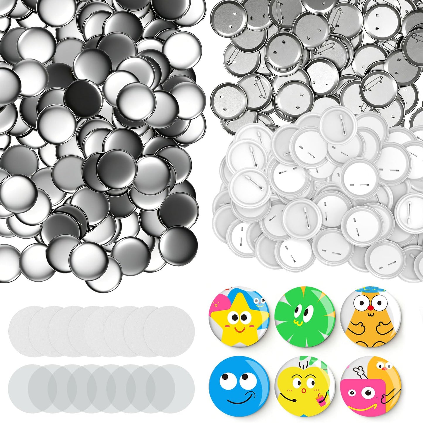 Yunziling 200 Sets 58mm/2.28 inch Button Supplies Button Parts for Buttons Maker Machine, 100 Pcs Plastic Backing Pins & 100 Pcs Iron Backing Pins, Including Metal Covers, Clear Films & Blank Papers