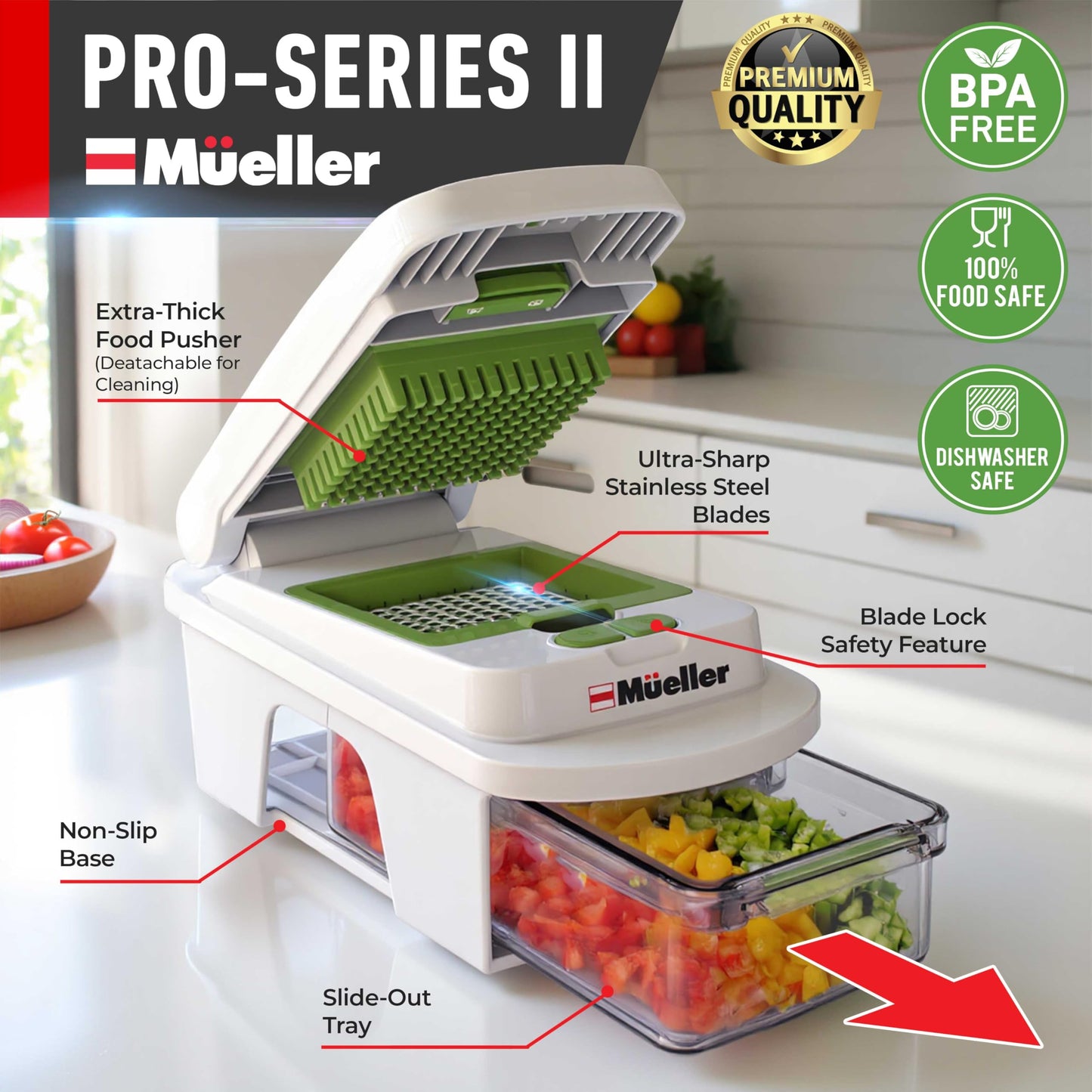 Mueller Pro-Series All-in-One, 12 Blade Mandoline Slicer for Kitchen, Food Chopper, Cucumber Slicer and Spiralizer, Cutter, Dicer, Grater, Gifts for Mom, Kitchen Essentials, White Sand/Green