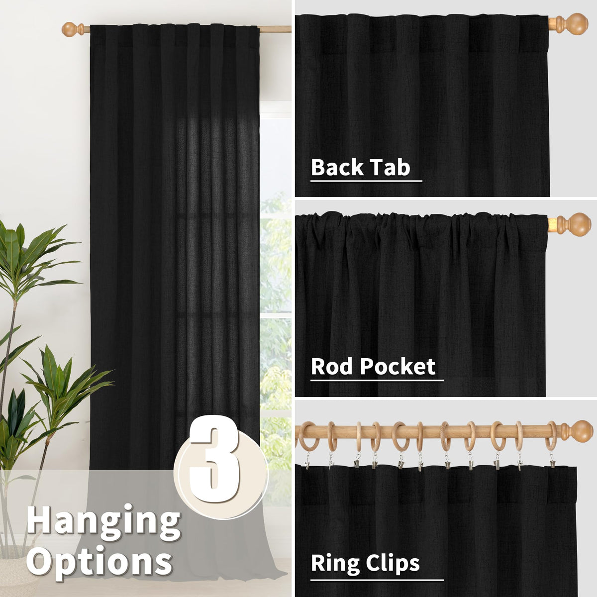 Black Linen Semi Sheer Curtains 90 Inch Length for Living Room (2 Count)