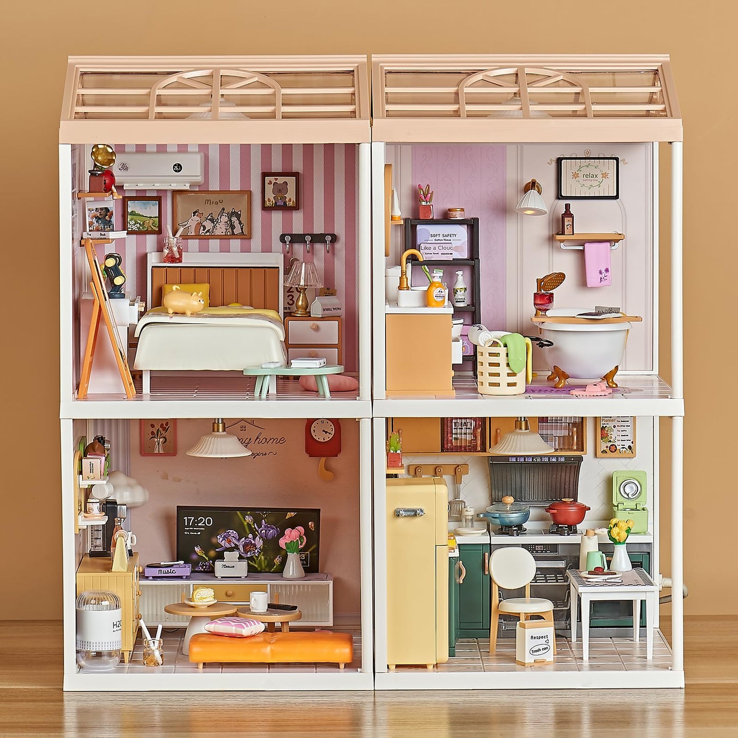Qudify Miniature Living Room DIY Kit – 92Pcs 1:24 Scale Dollhouse Furniture with LED Light, Modular Scene Connector & Realistic Details for Kids 8+ and Collectors