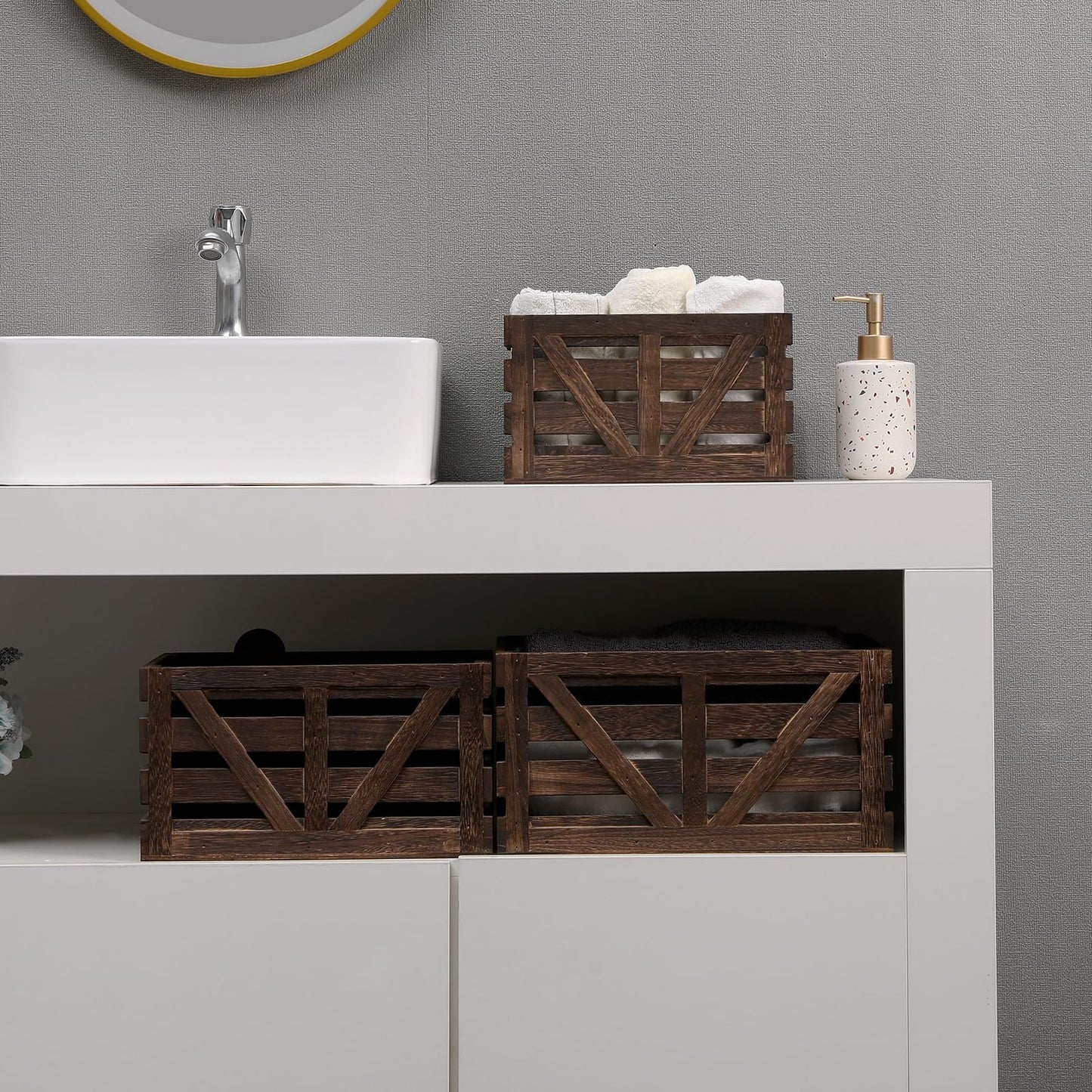 LYDWOO8D Nested Wooden Storage Crates Set of 3 (L,M,S),Farmhouse Decorative Boxes with Handles for Home Organization & Display