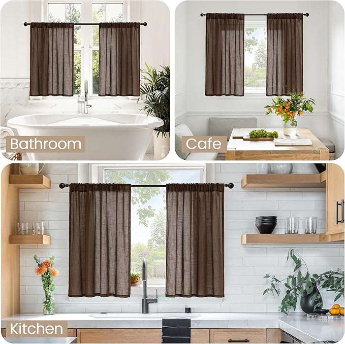 BGment Brown Linen Short Curtains 36 Inch Length for Window, Small Sheer Drapes for Kitchen Cafe Over Sink Bathroom Decor Lightweight Rustic Country Textured Rod Pocket, 2 Panels, Each 30 Inch Wide