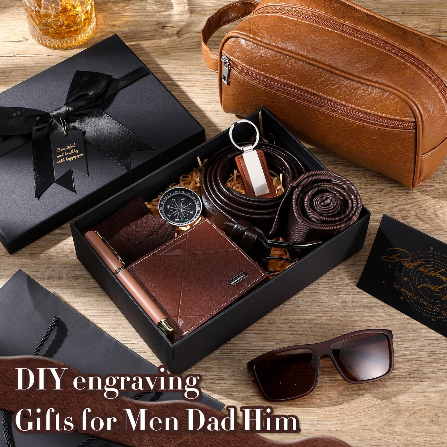Geyoga 12 Pcs Men Father's Day Birthdays Gift Set with Box for Men Dad Basket PU Leather Wallet Leather Toiletry Bag Tie Socks Belt Keychain Sunglasses Pen Compass Set(Brown)