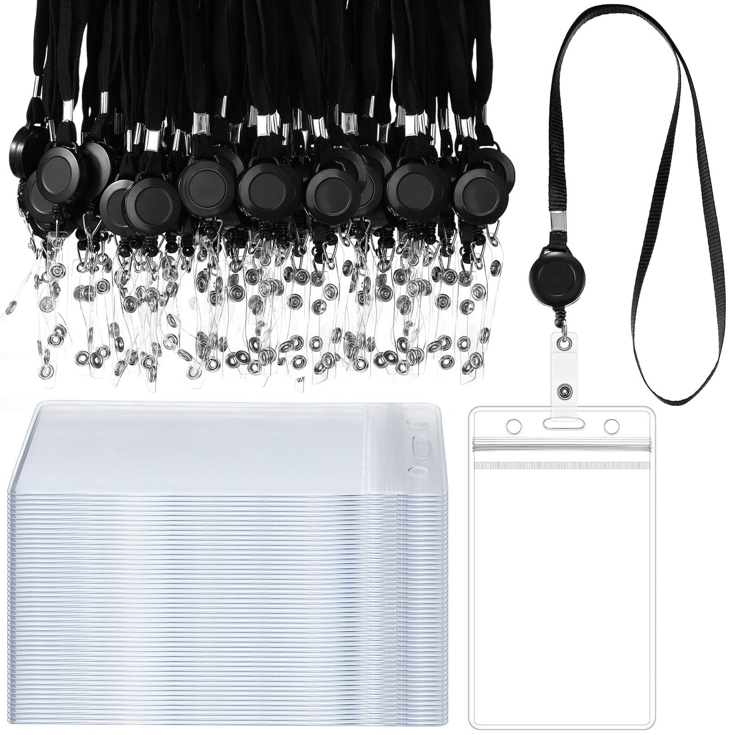 Marspark 200 Pcs Black Name Tag Lanyard with ID Holder Include Flat Lanyard with Retractable Badge Reel and Clear Vertical Card for Offices(Black,100 Set)