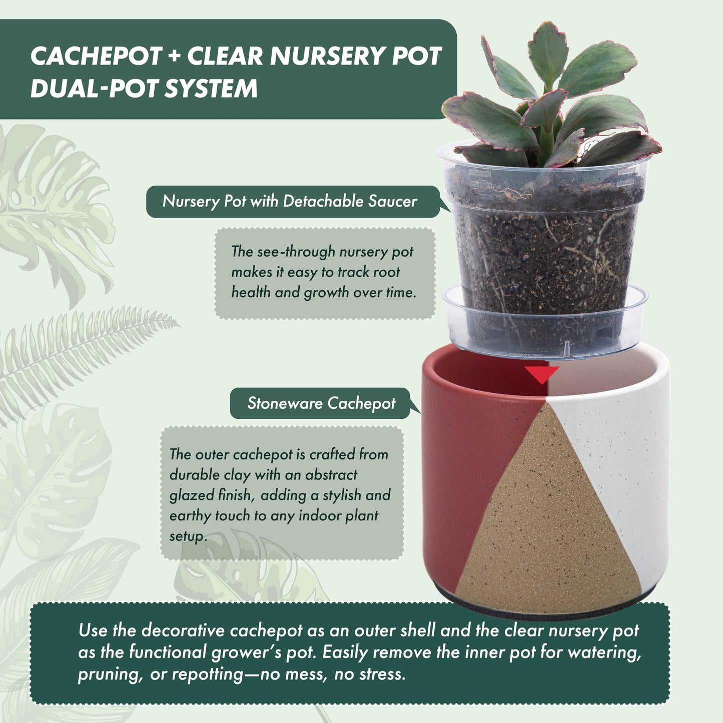 D'vine Dev 4.5" Stoneware Cachepot Planter with 4" Clear Nursery Pot & Detachable Saucer – Indoor Plant Pot with Drainage for Bottom Watering & Root Visibility, Crimson Dune, Set of 2, 93-V-B-4