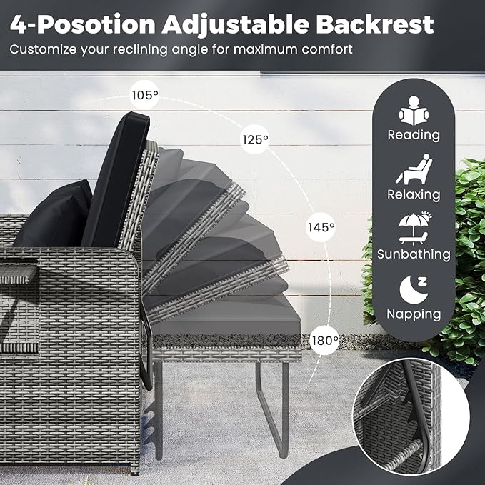 HAPPYGRILL Patio Rattan Wicker Daybed with Loveseat & Storage Ottoman, Outdoor Lounge Sofa Furniture Set with Adjustable Backrest & Side Trays, for Poolside Deck Porch Lawn (Mix Grey & Black)