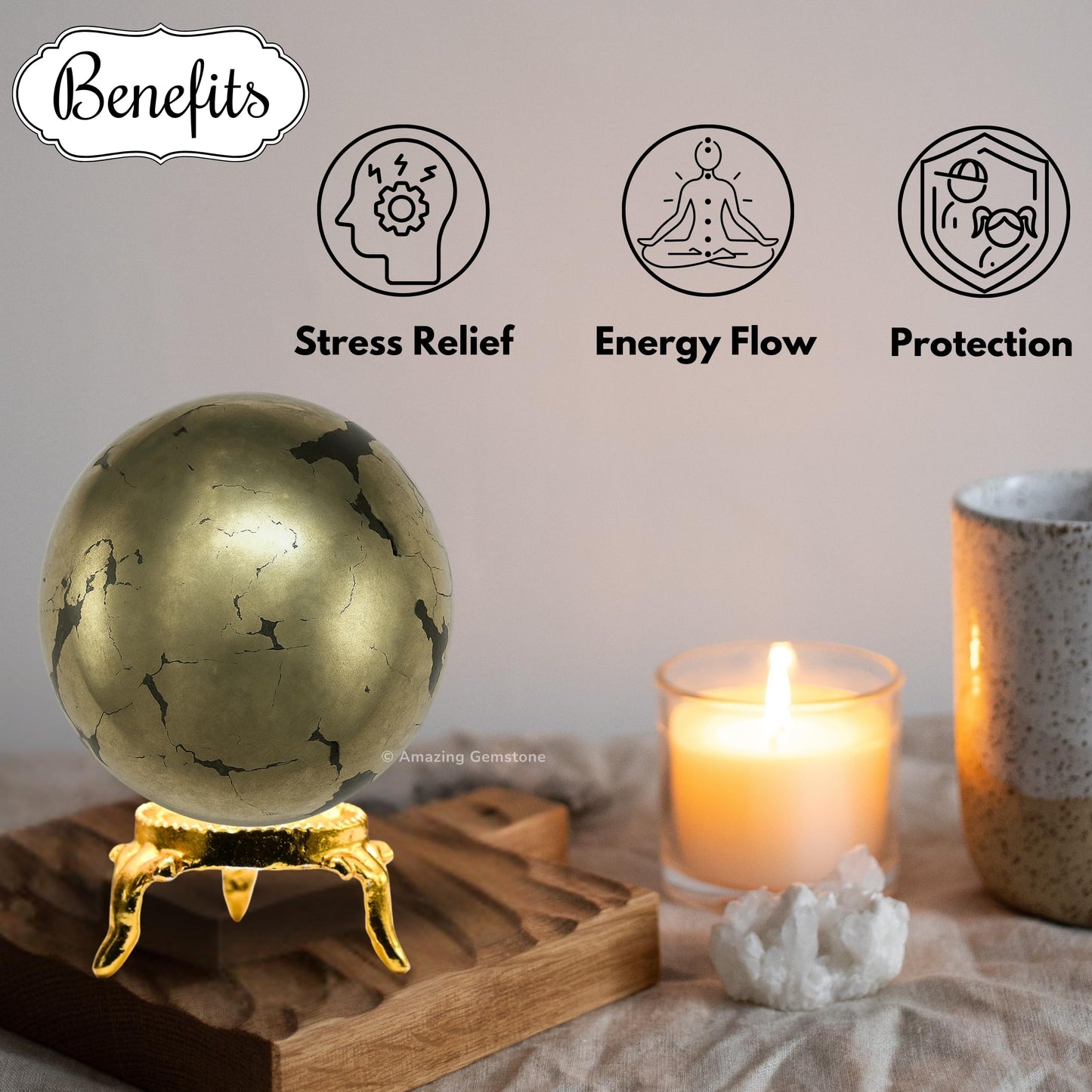 Amazing Gemstone Pyrite Crystal Ball with Stand - 2 Inches Crystal Sphere Meditation Balls for Witchcraft and Decorative Balls