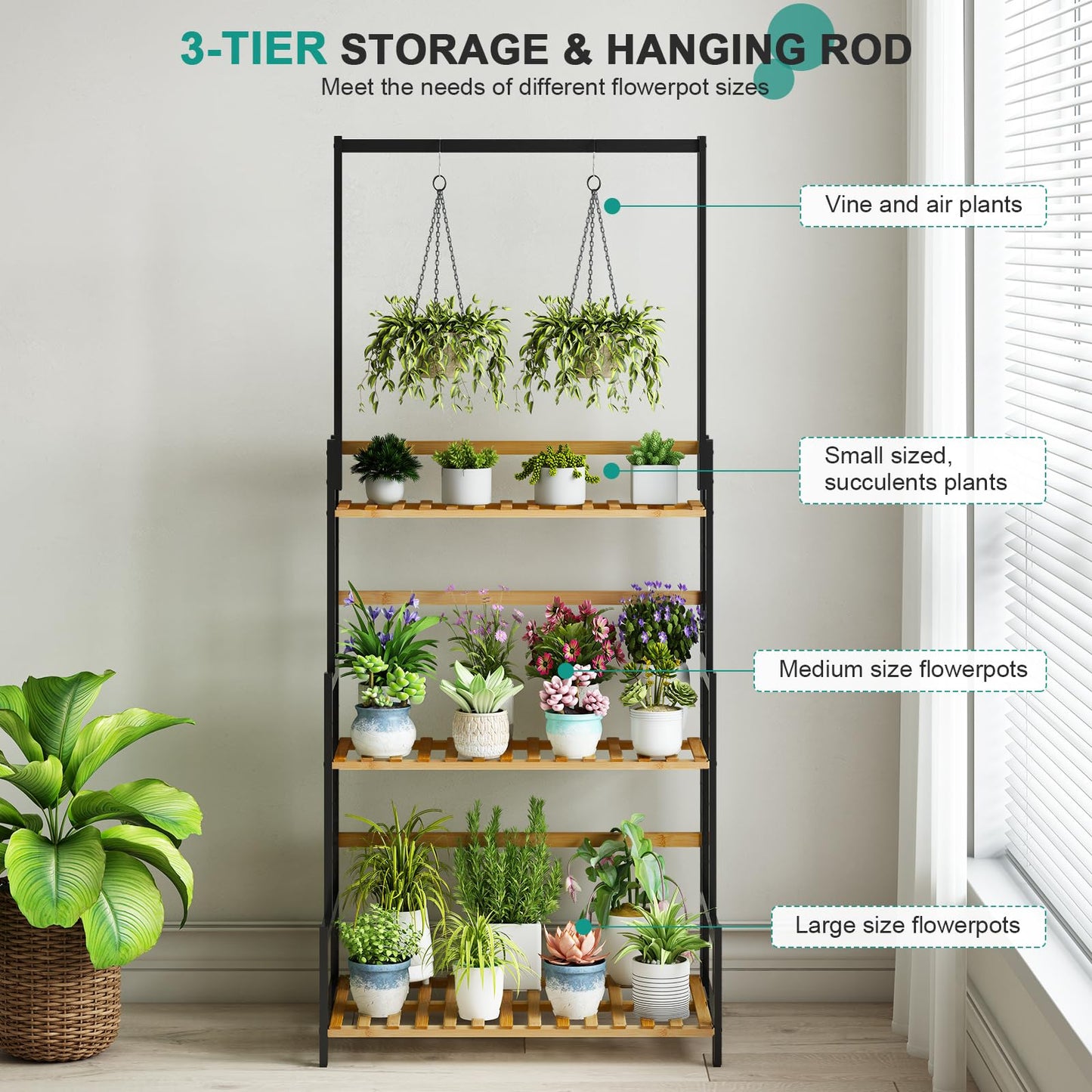 Ufine Bamboo Hanging Plant Stand 3 Tier Ladder Shelf with Hanging Rod Height Adjustable Flower Pot Display Organizer for Balcony Porch Living Room