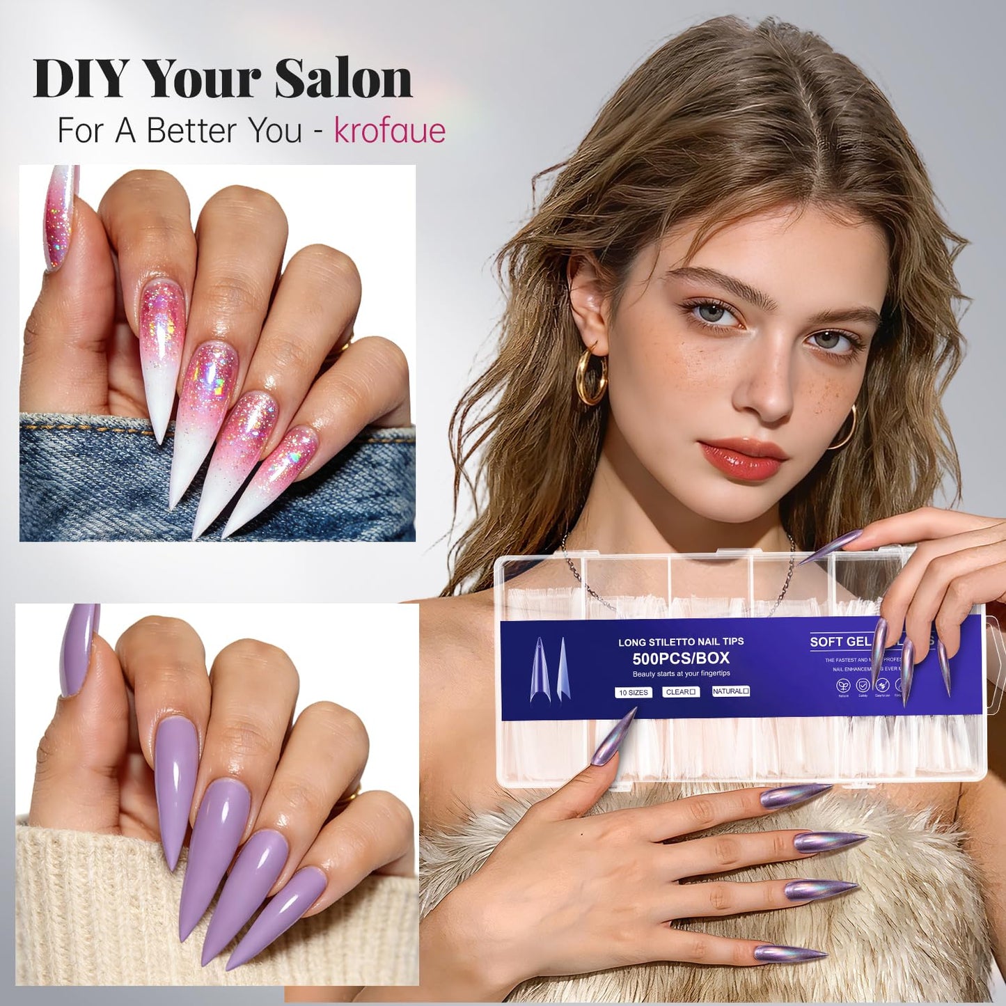 krofaue Extra Long Stiletto Nail Tips - 500PCS False Clear Nais with 10 Sizes Half Cover Pointed Press On Artificial Acrylic for Salon DIY, XL