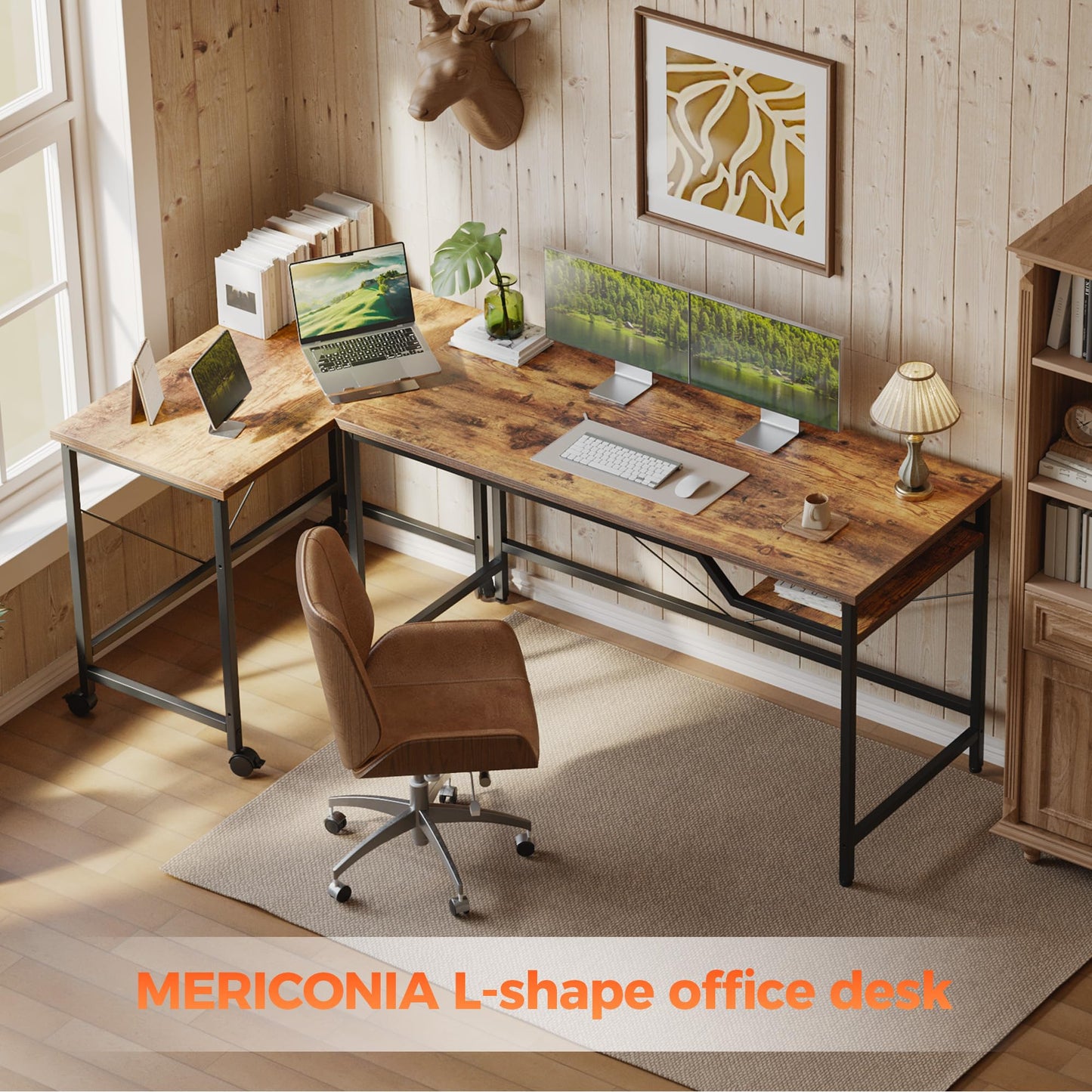 Mericonia 48 inch Computer Desk w/Shelf & Adjustable Feet, 32 inch Rolling Office Desk w/ 1 Hook, Small Space Desk for Home, Office, Study, Writing, Bedroom, 2 Pack