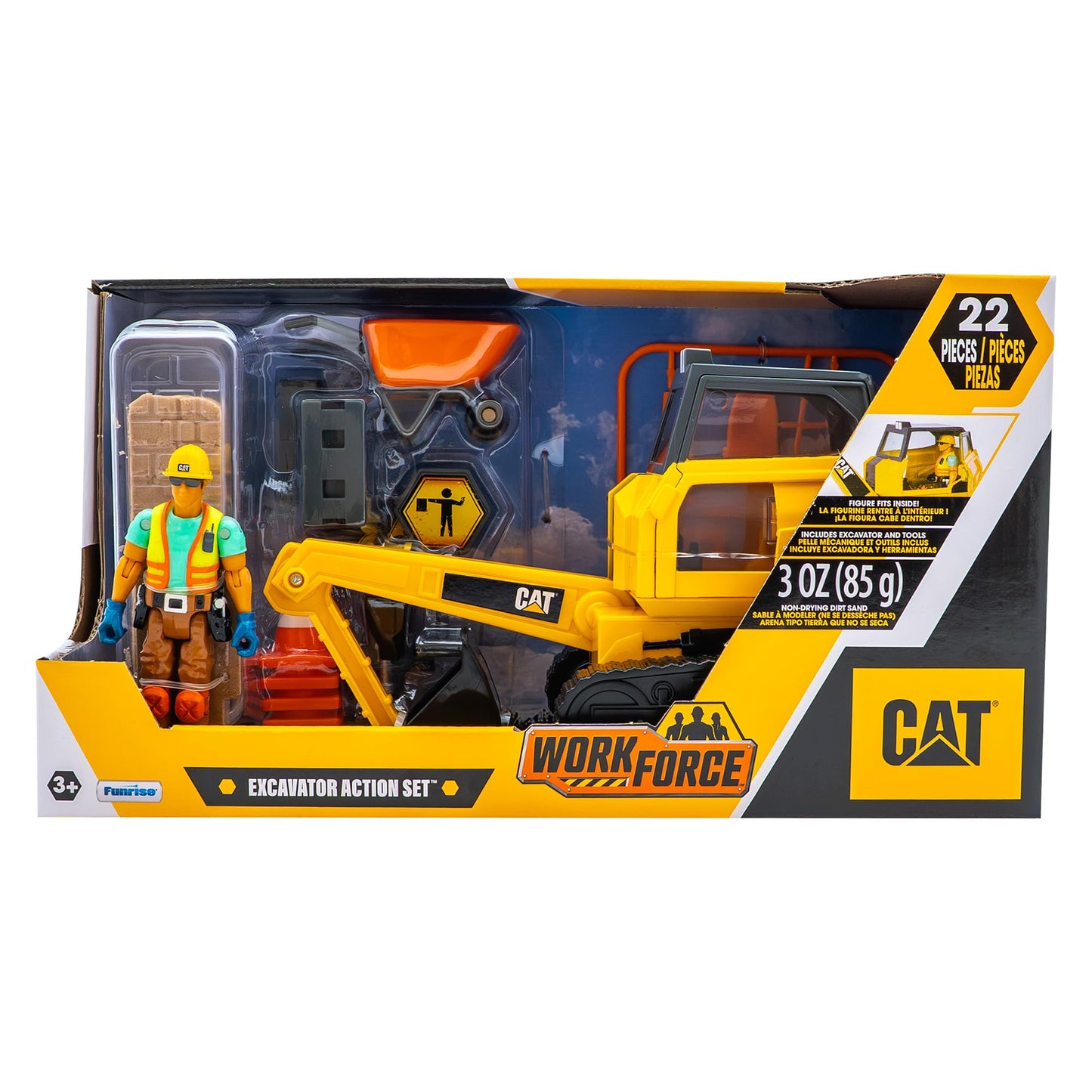 Cat Workforce Excavator Action Set, 23-Piece Kids Construction Toy Playset with 4-Inch Figure, Non-Drying Dirt Compound, Molds, Signs, Tools & Accessories, Ages 3+