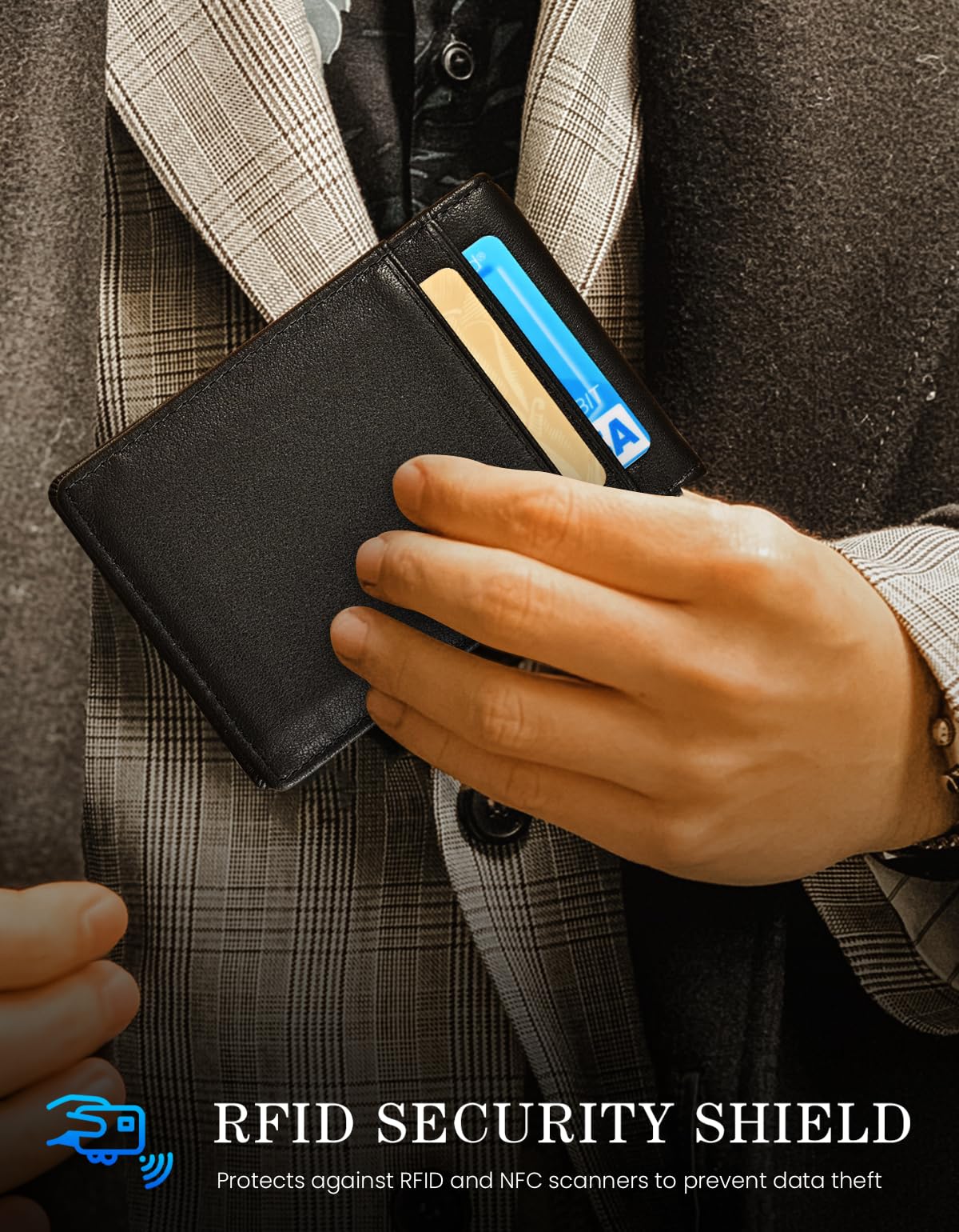 kinzd Slim Wallet with Money Clip RFID Blocking Minimalist Bifold Wallet for Men Genuine Leather Front Pocket Card Holder AS137 - #Nappa Black