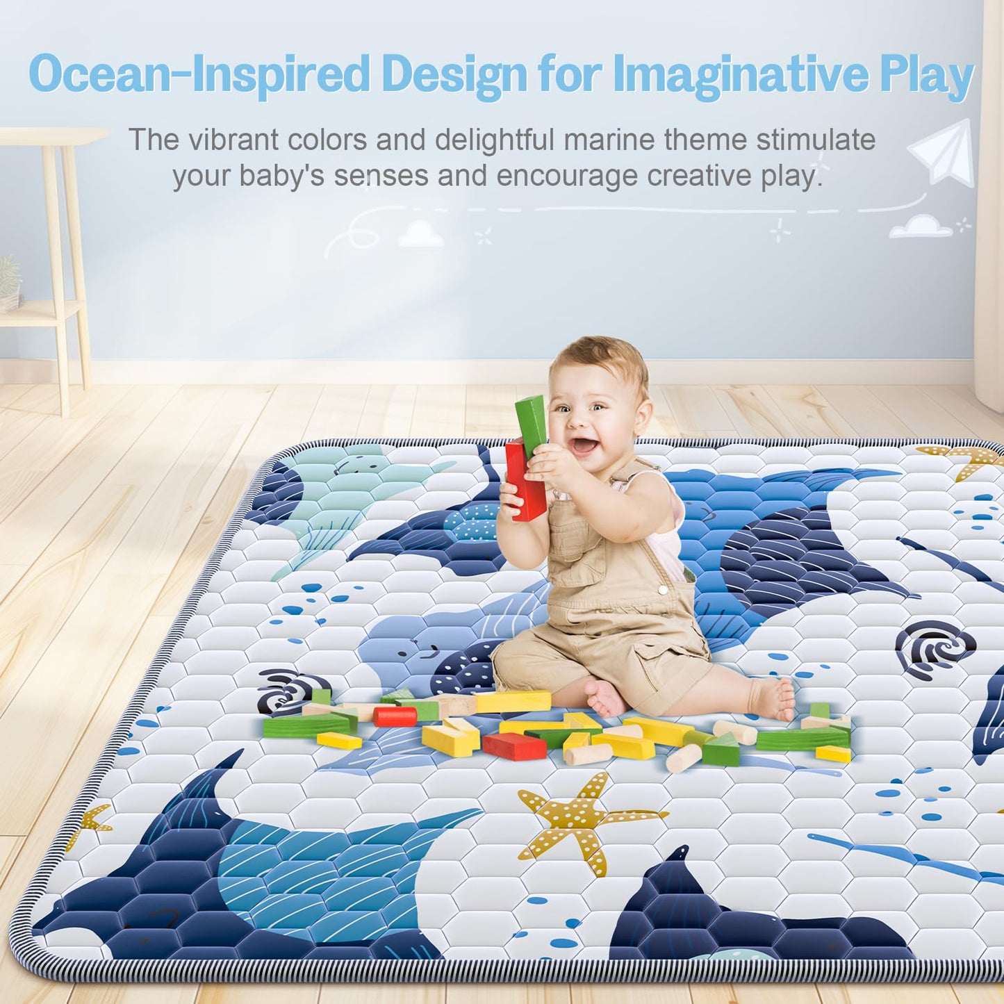 omzer Baby Play Mat, Large & Thick & Soft Cushioned Playmat for Playpen, Non-Slip Floor Mat for Crawling Infants & Toddlers with Safety Silicone Backing, Machine Washable - 71x79 Inch, Blue