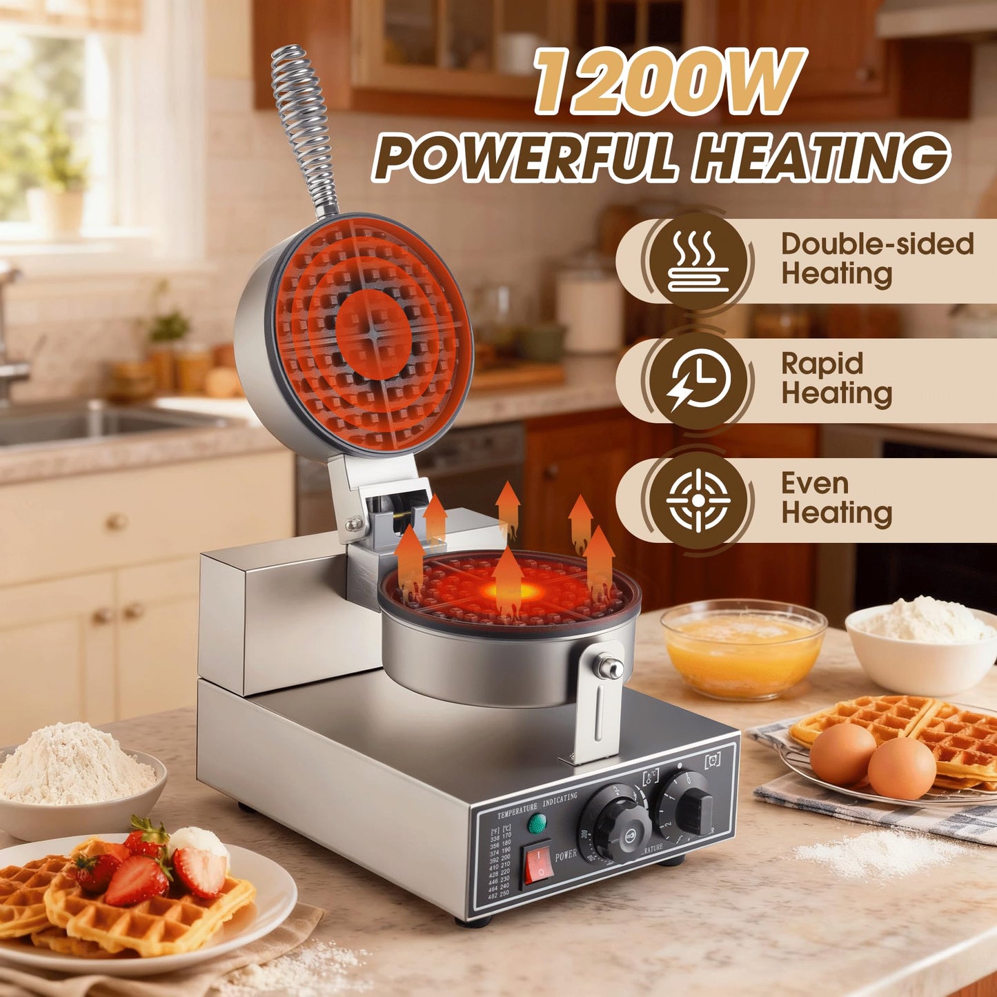 YODHOSA Commercial Waffle Maker, 1200W Waffle Iron, Professional Rotatable Waffle Baker Machine with Temp and Time Control, Non-Stick Baking Pan Stainless Steel for Restaurant Bakeries Kitchen Home
