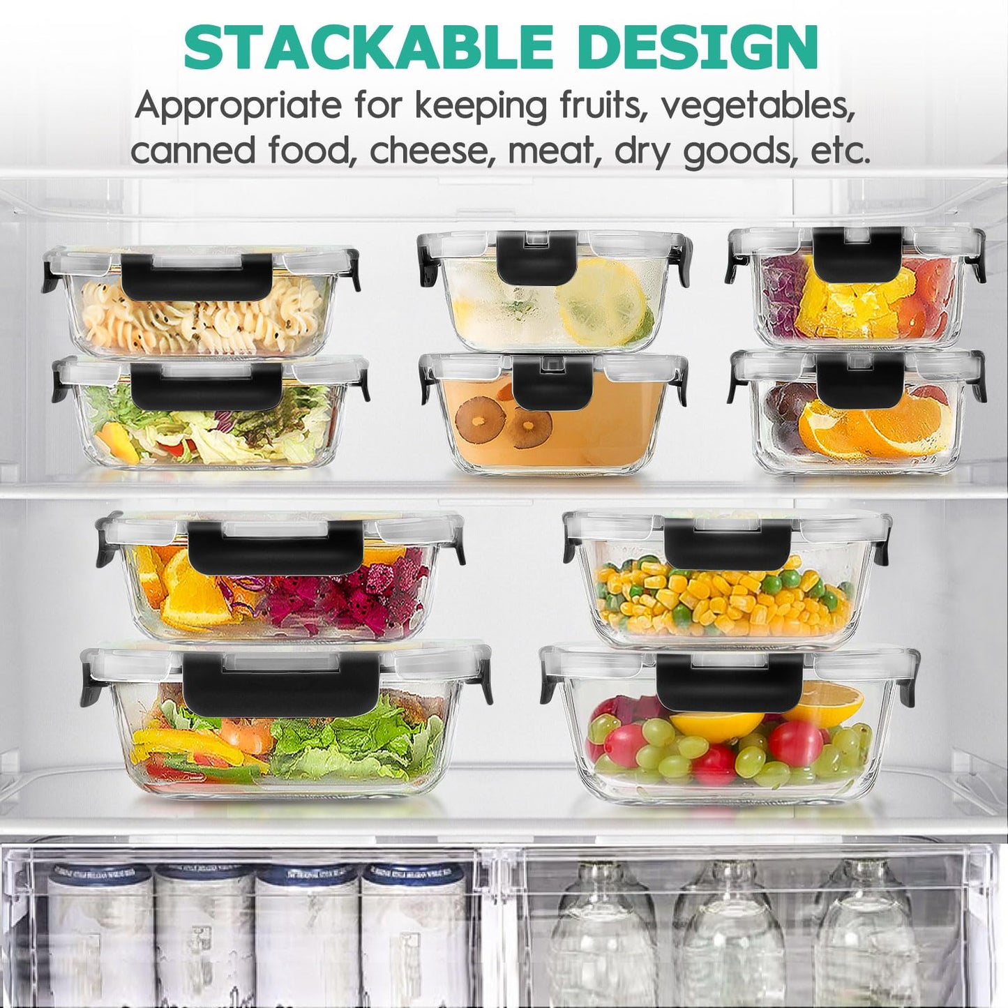 34pcs Glass Food Storage Containers with Lids Set, Airtight Glass Meal Prep Containers (17 Containers & 17 Lids), Leak Proof Lunch Container BPA-Free, Microwave, Oven, Freezer, Dishwasher Safe-Black