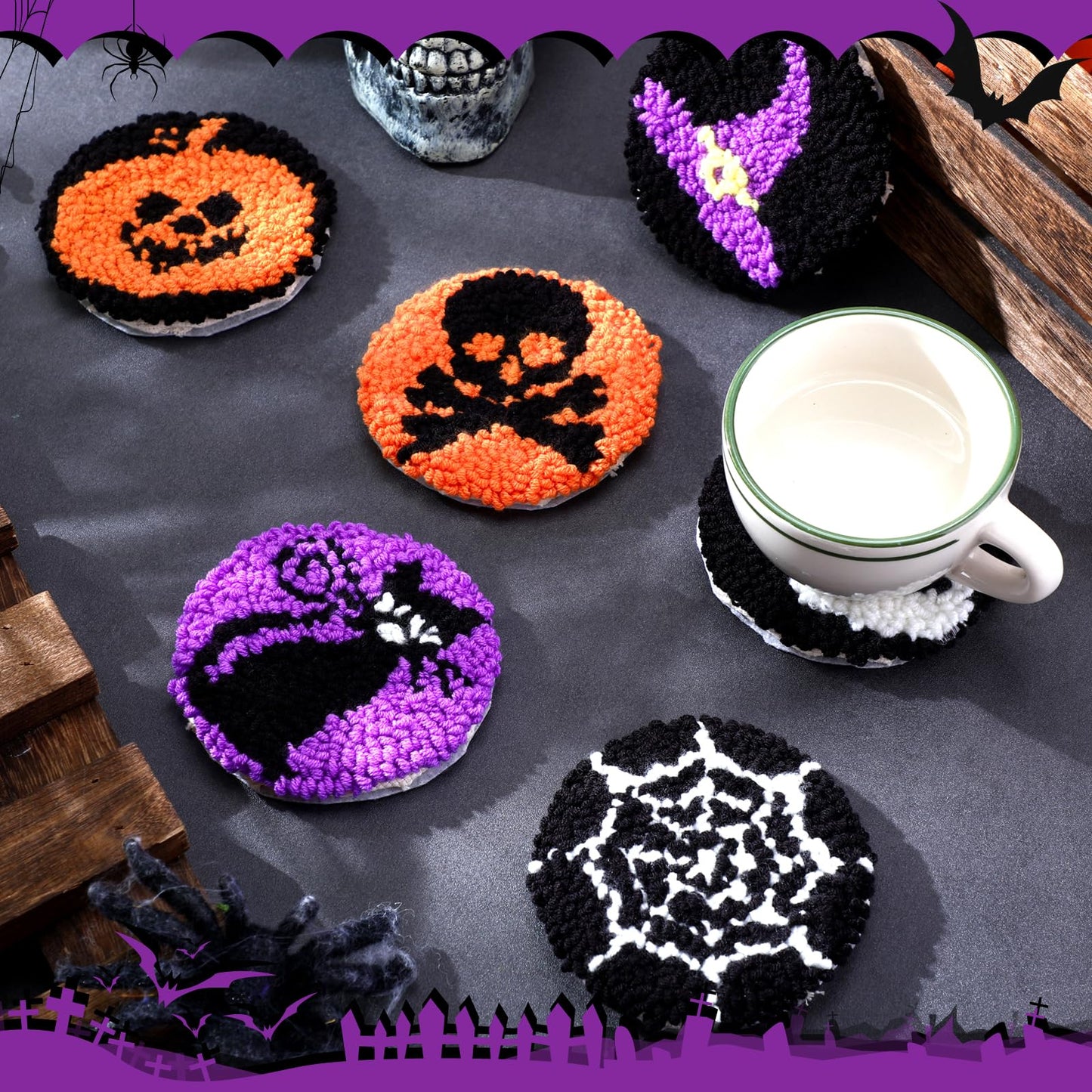 Yaomiao 6 Pcs Halloween Punch Needle Coaster Kit Punch Needle Embroidery Kits Craft Supplies with Patterns Yarns Tools Adhesive Felt Embroidery Hoop Instruction Holder for Adult DIY