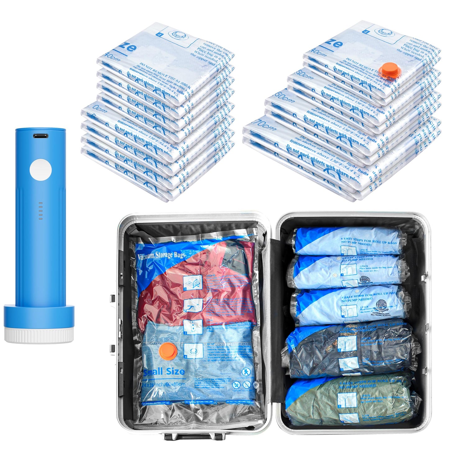 16 Pack Vacuum seal bags for clothing With Coldless Pump, Vacuum Storage Bags,Space Saver Sealer Bags, Pillows, Comforters, Blankets, Bedding,Travel,