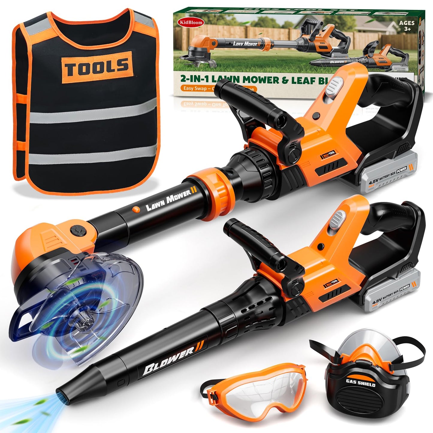 KidBloom Kids Gardening Tools Set with Vest, 2-in-1 Kids Lawn Mower & Kids Leaf Blower with Lights & Sounds, Toy Weed Wacker with Goggles & Mask, Outdoor Pretend Play Toys, Birthday Gifts for Boys 3+