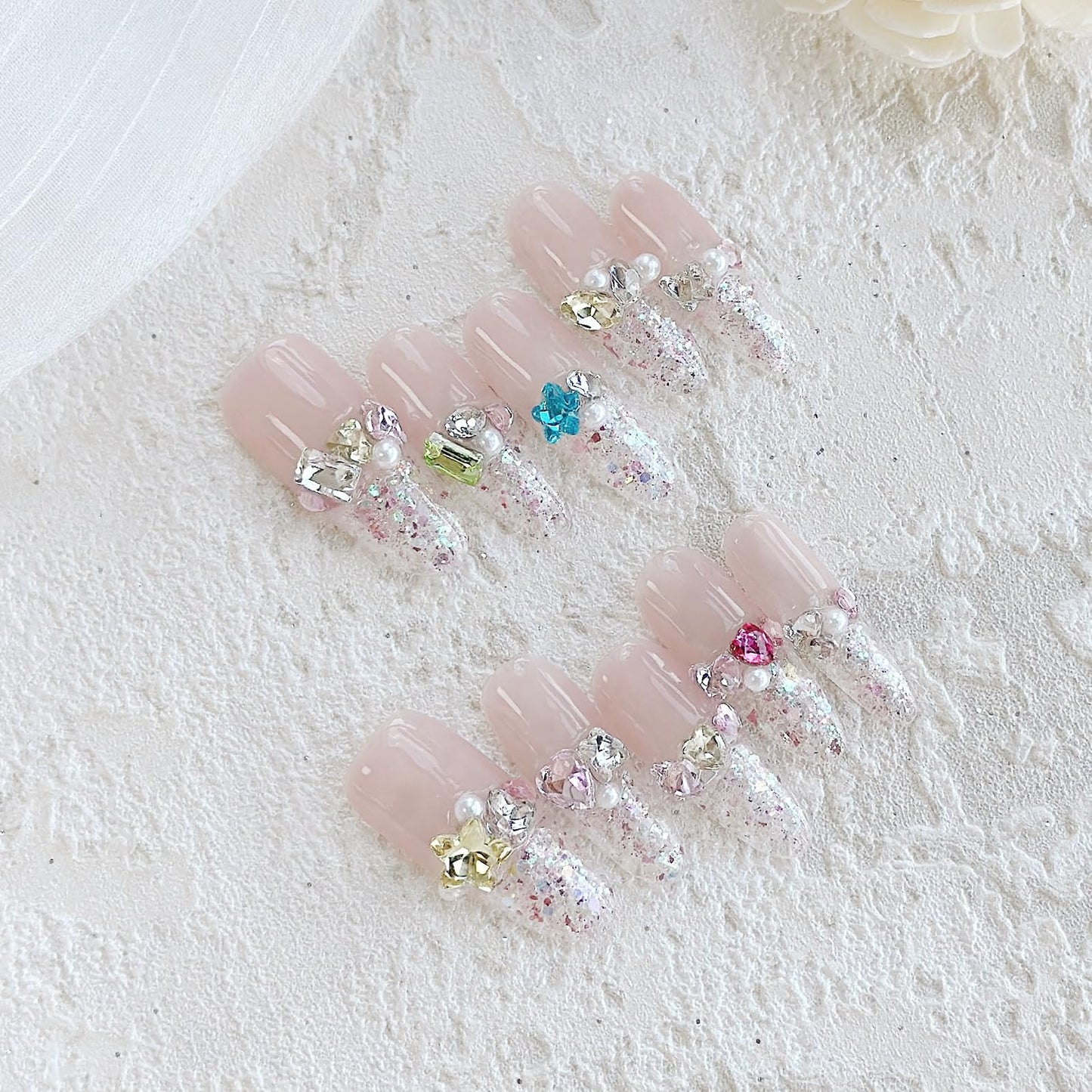 LARSOOY Nails Handmade Press on Nails Long Oval | Handmade Nails with Candy Bubble | Reusable fake Nails with Unique Designs | False Nails 10 Pcs (Candy Bubble, M)