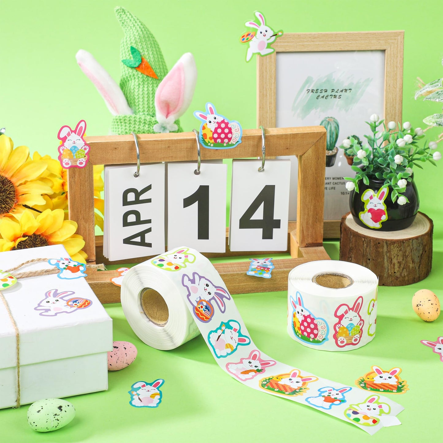 1200 PCS Easter Bunny Stickers Roll 12 Designs Easter Egg Rabbit Stickers Self-Adhesive Decorative Label Stickers for Envelopes Craft Card Gift Party Supplies, 2 Rolls