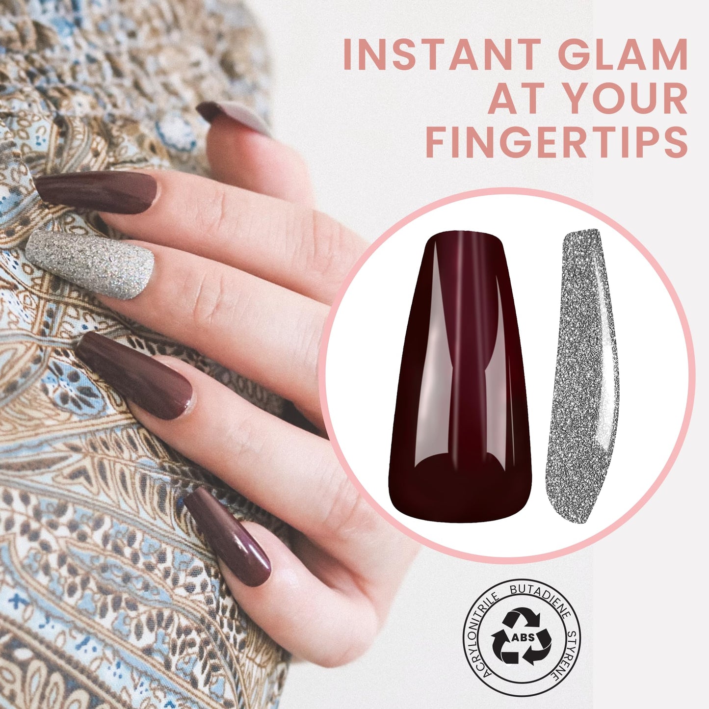 Allkem Press On Nails - Fusion Maroon Glossy Medium Long Ballerina | 10 sizes - 20 pcs Coffin Nail kit with Glue