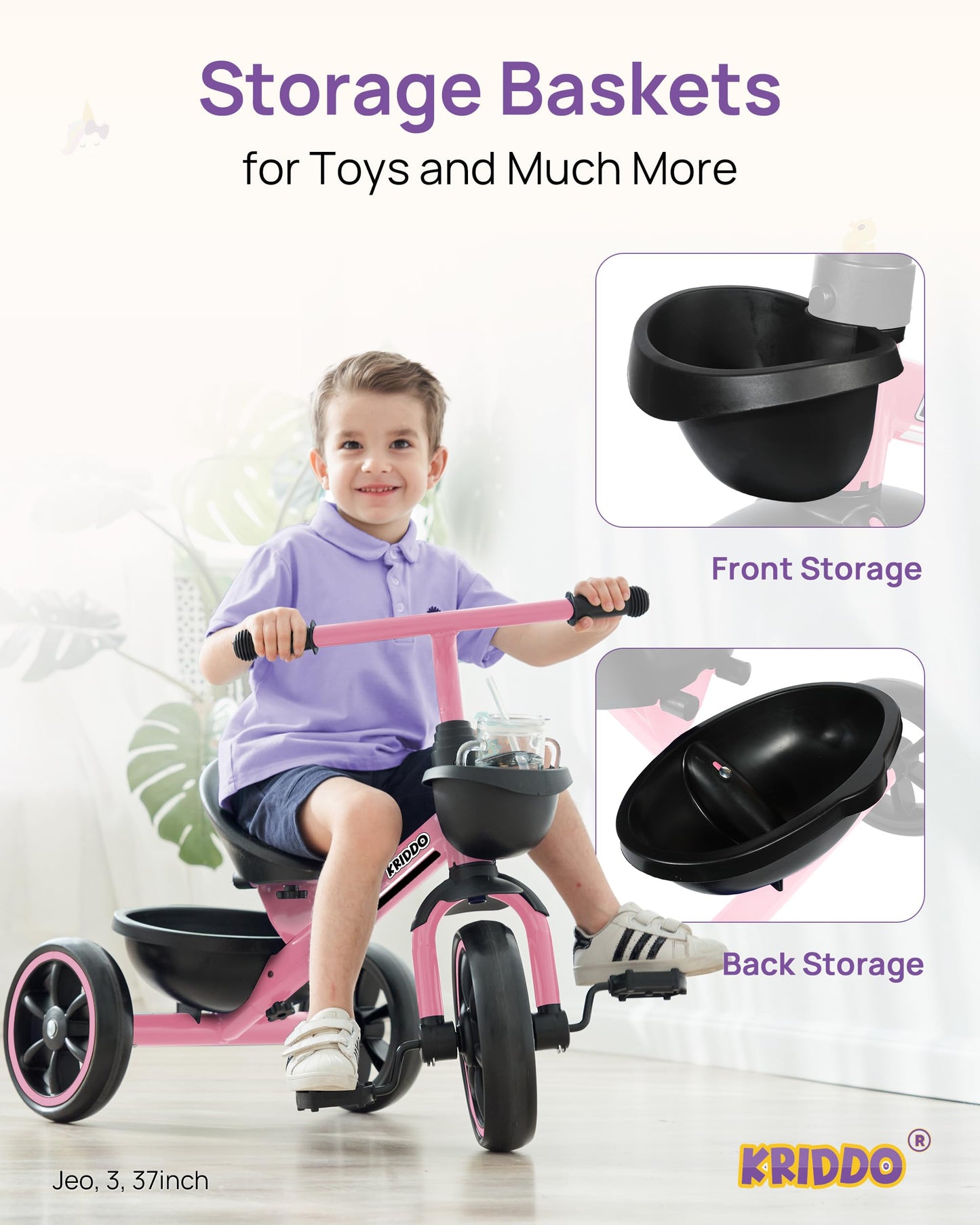 KRIDDO Tricycle for 2-5 Year Olds - Pink Toddler Trike With Gift for 24 Month to 4 Year Old Girls
