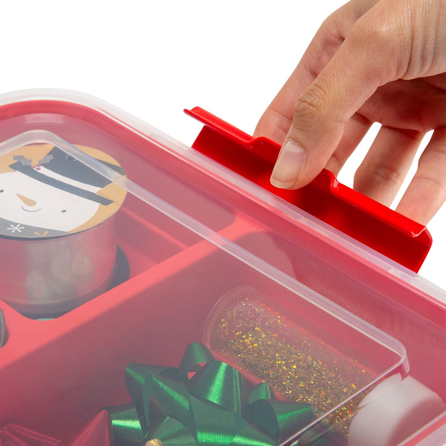 Simplify 5 Compartment Gift Supply Storage Box | 2 Tier Box | Red | Clear Top Lid | Dimensions: 9.5"x 9.5"x 4.5" | Snap Handle| Storage | Wrapping Accessories